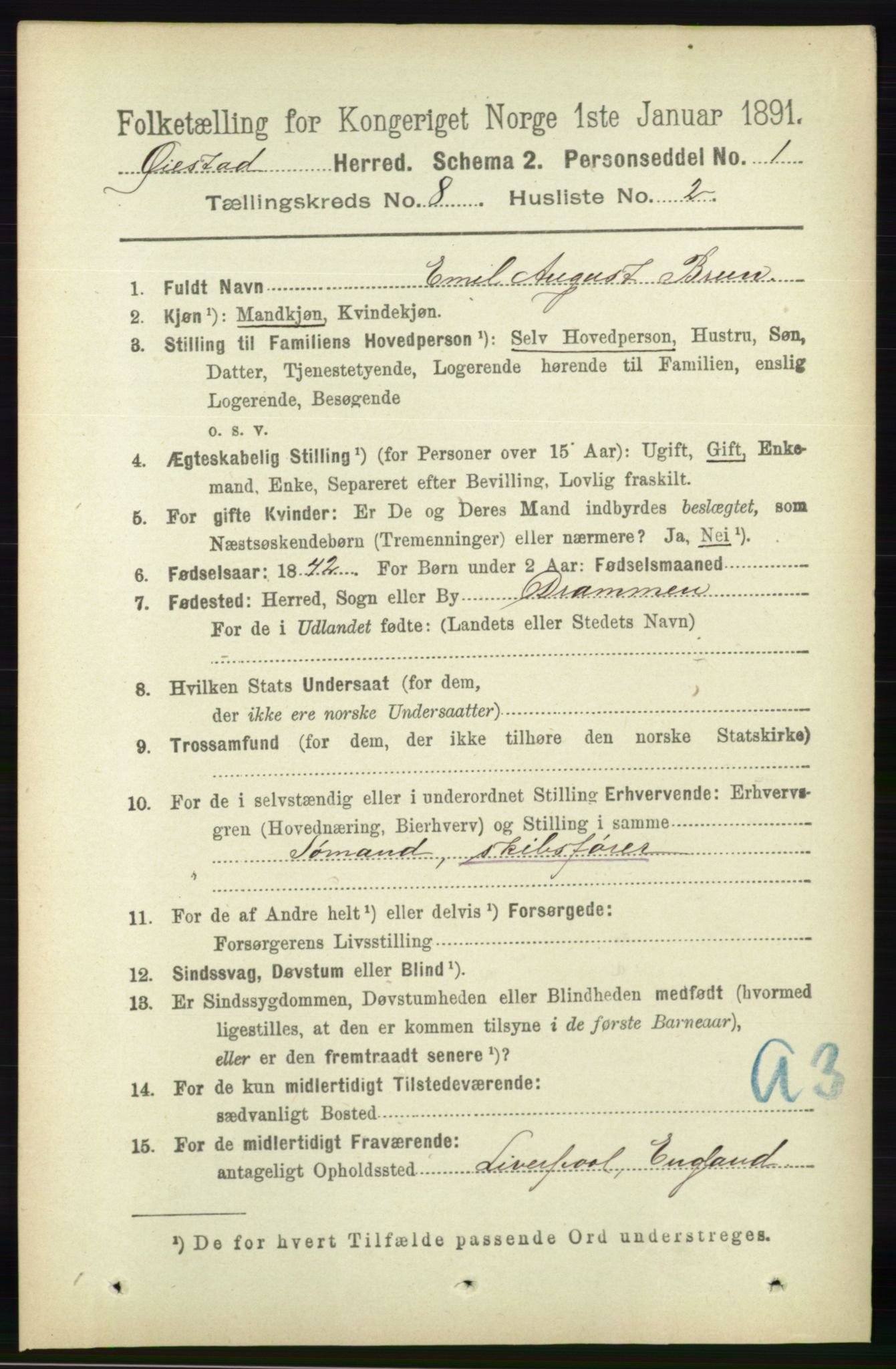 RA, 1891 census for 0920 Øyestad, 1891, p. 3190