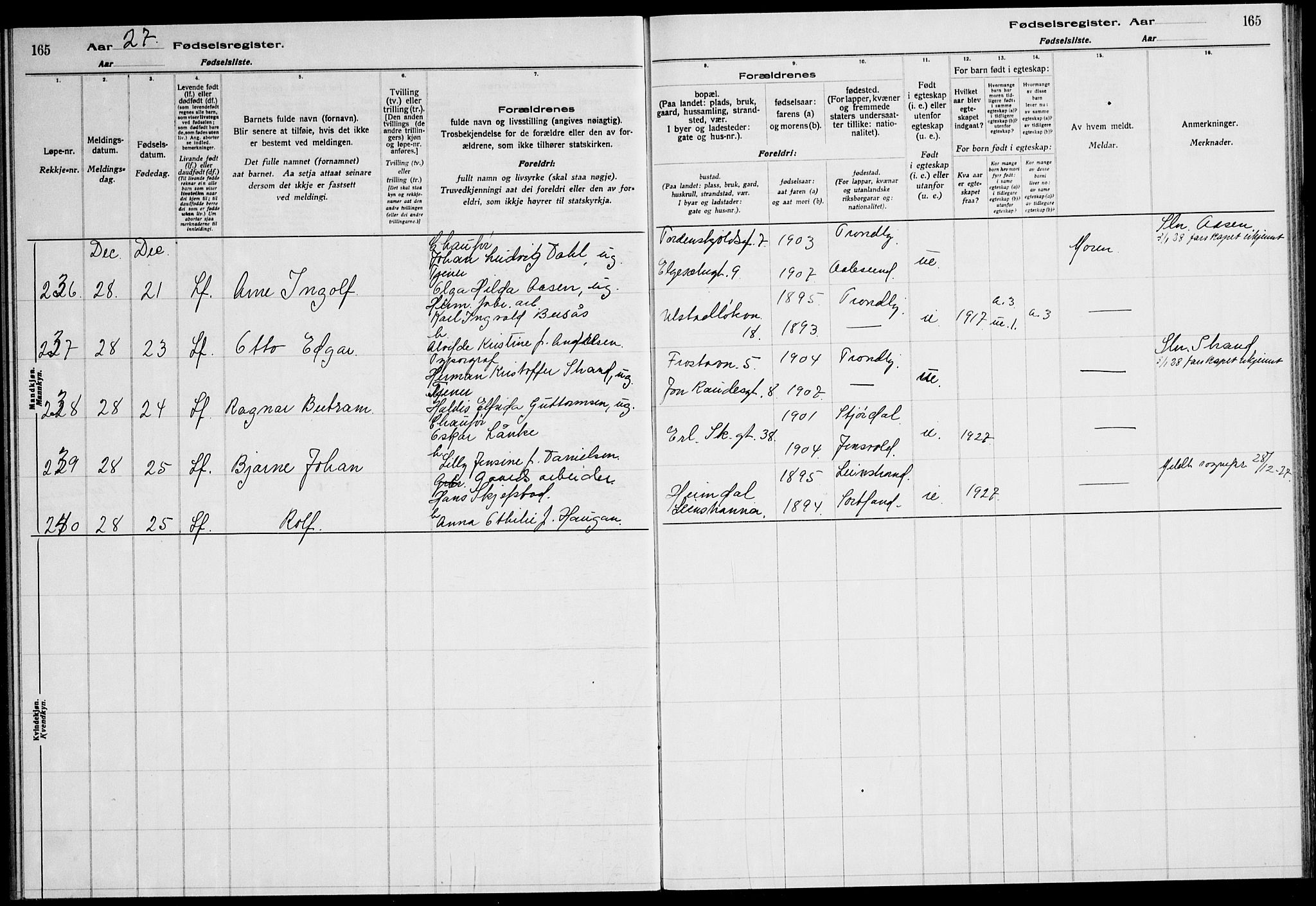 Ministerialprotokoller, klokkerbøker og fødselsregistre - Sør-Trøndelag, AV/SAT-A-1456/600/L0004: Birth register no. 600.II.4.3, 1924-1928, p. 165