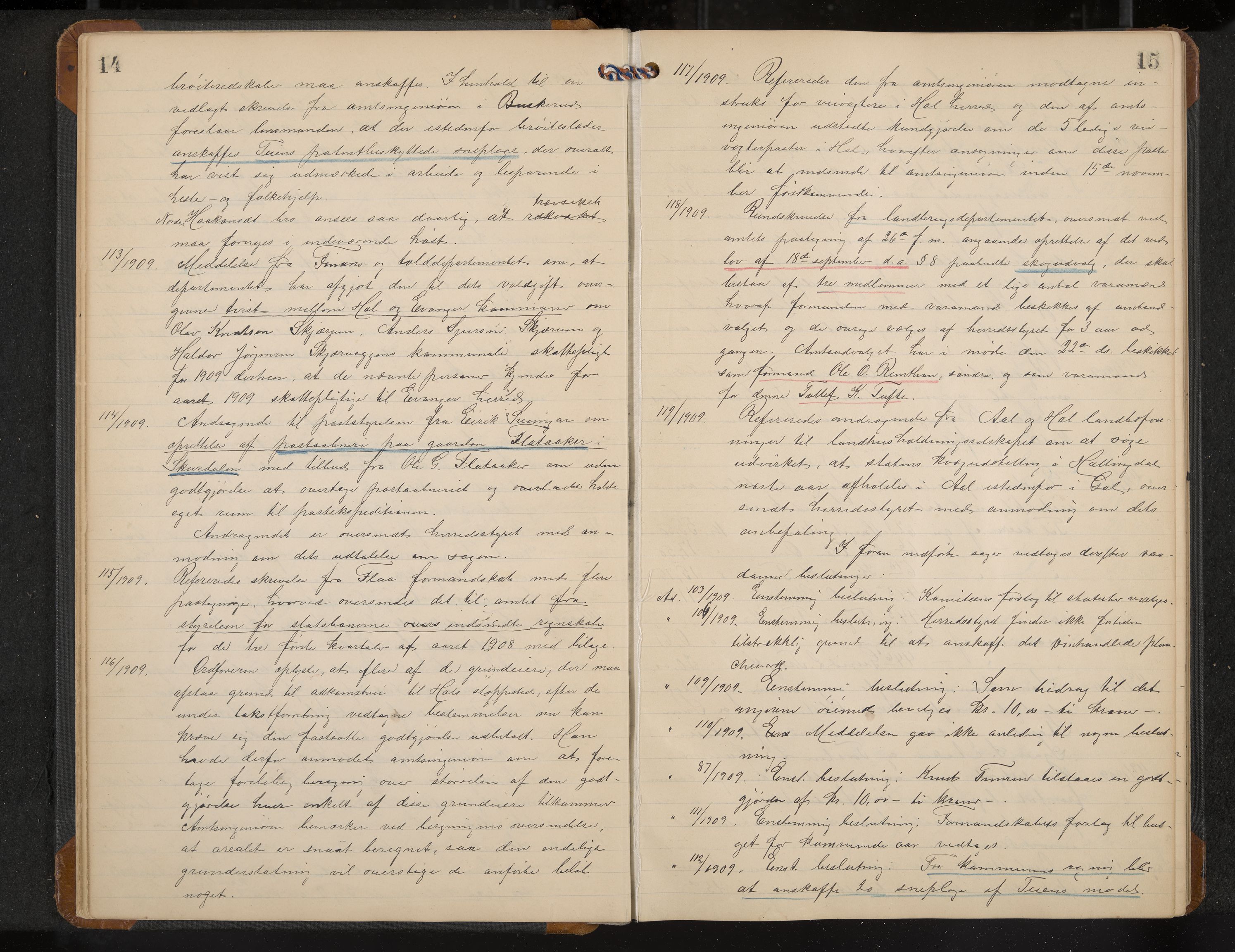 Hol formannskap og sentraladministrasjon, IKAK/0620021-1/A/L0005: Møtebok, 1909-1915, p. 14-15