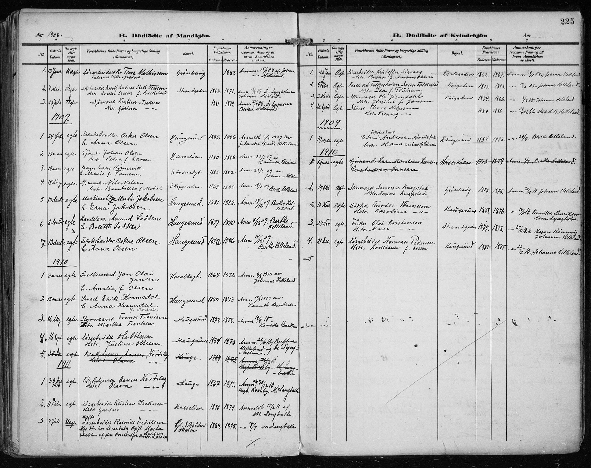 Haugesund sokneprestkontor, AV/SAST-A -101863/H/Ha/Haa/L0008: Parish register (official) no. A 8, 1908-1921, p. 225