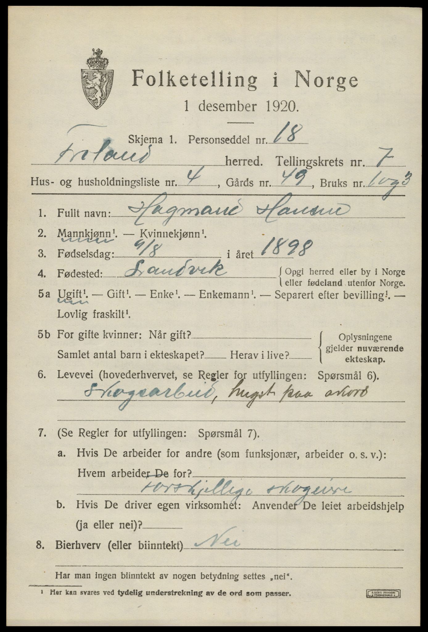 SAK, 1920 census for Froland, 1920, p. 4353