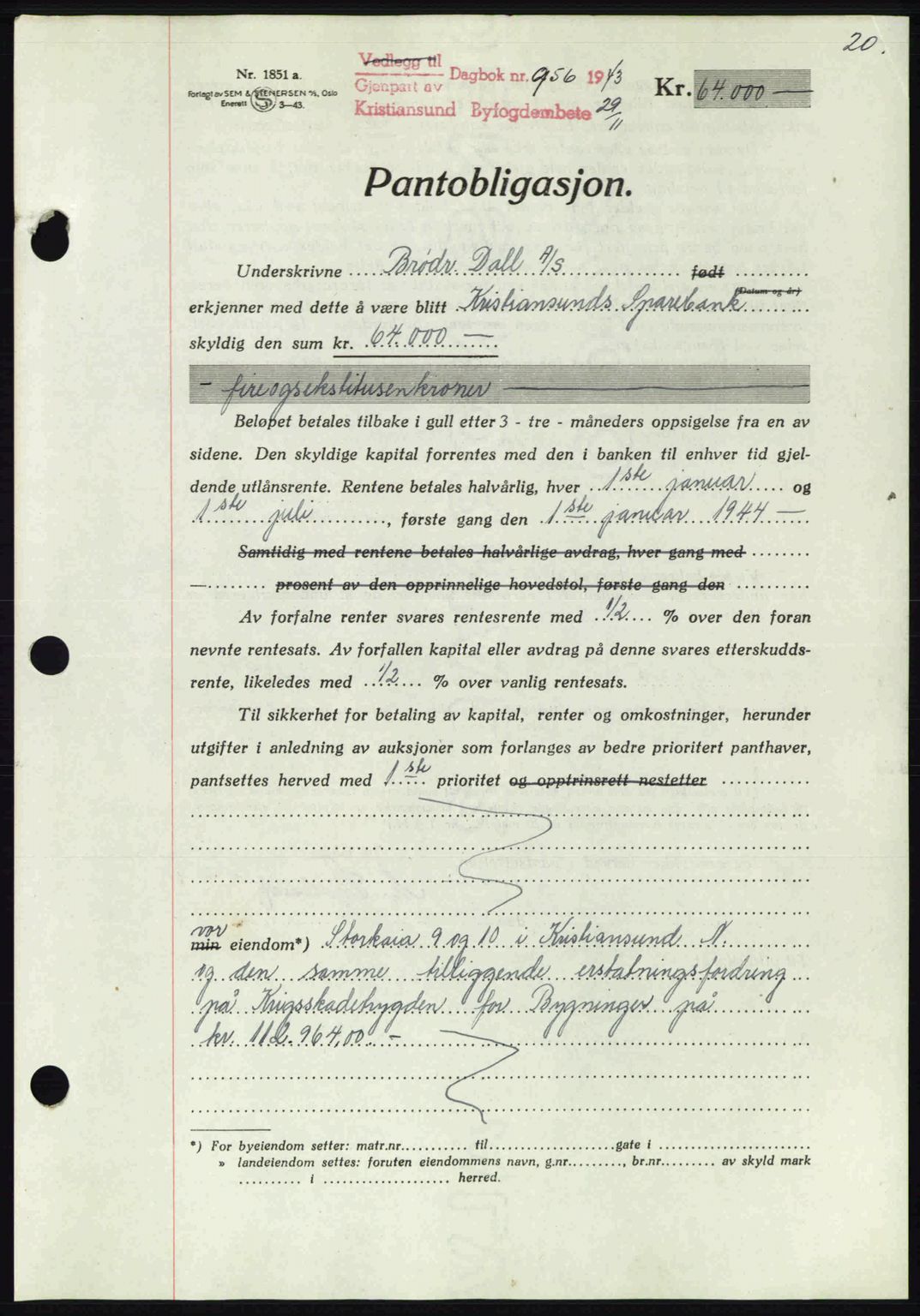 Kristiansund byfogd, SAT/A-4587/A/27: Mortgage book no. 37-38, 1943-1945, Diary no: : 956/1943