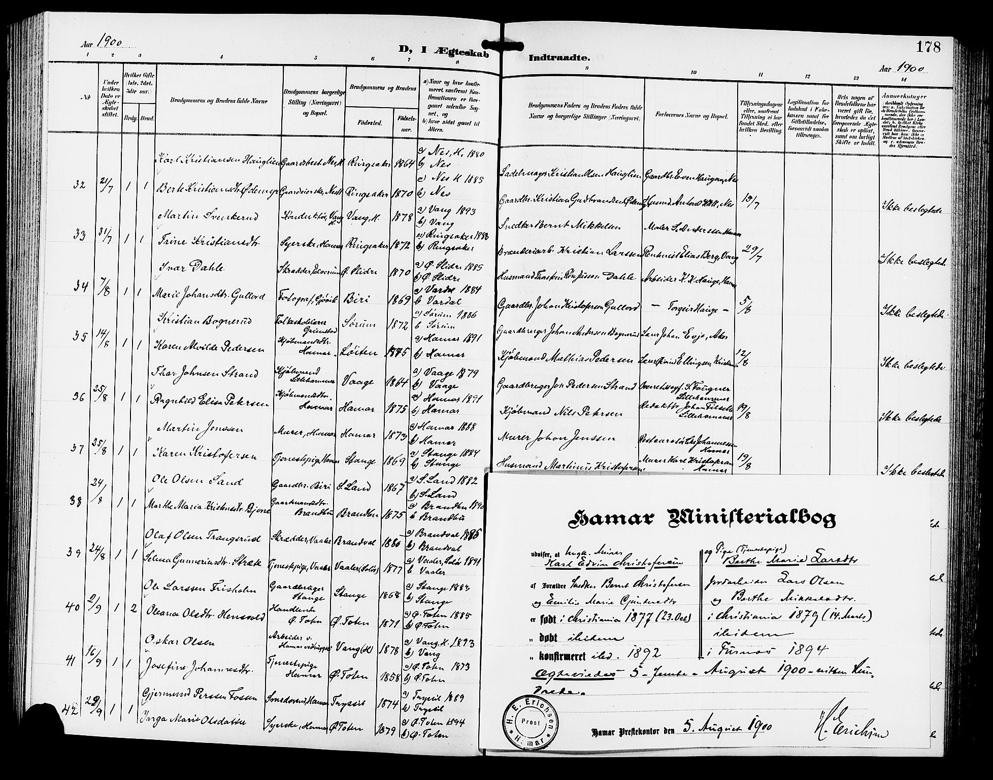 Hamar prestekontor, AV/SAH-DOMPH-002/H/Ha/Hab/L0001: Parish register (copy) no. 1, 1899-1914, p. 178