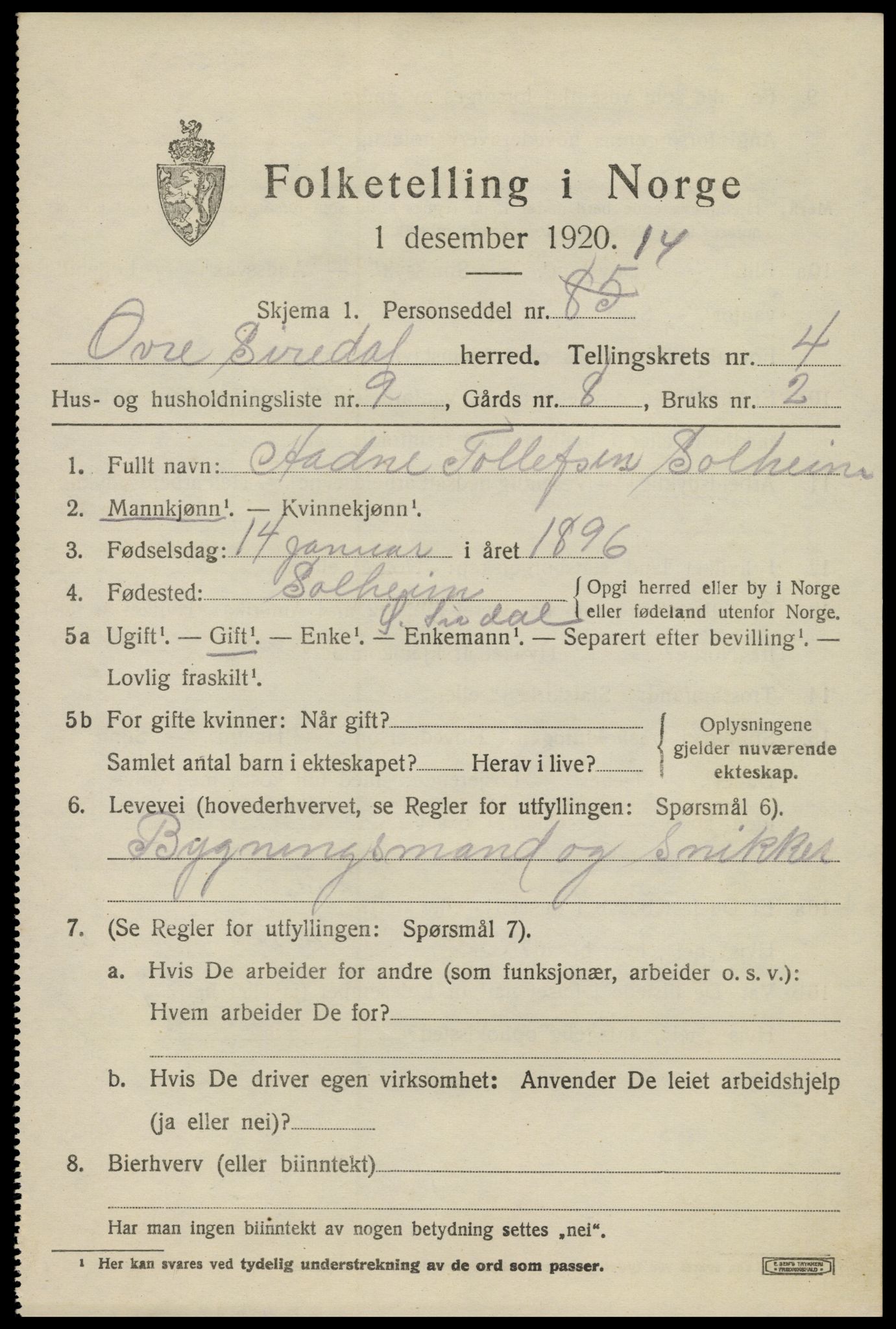 SAK, 1920 census for Øvre Sirdal, 1920, p. 893