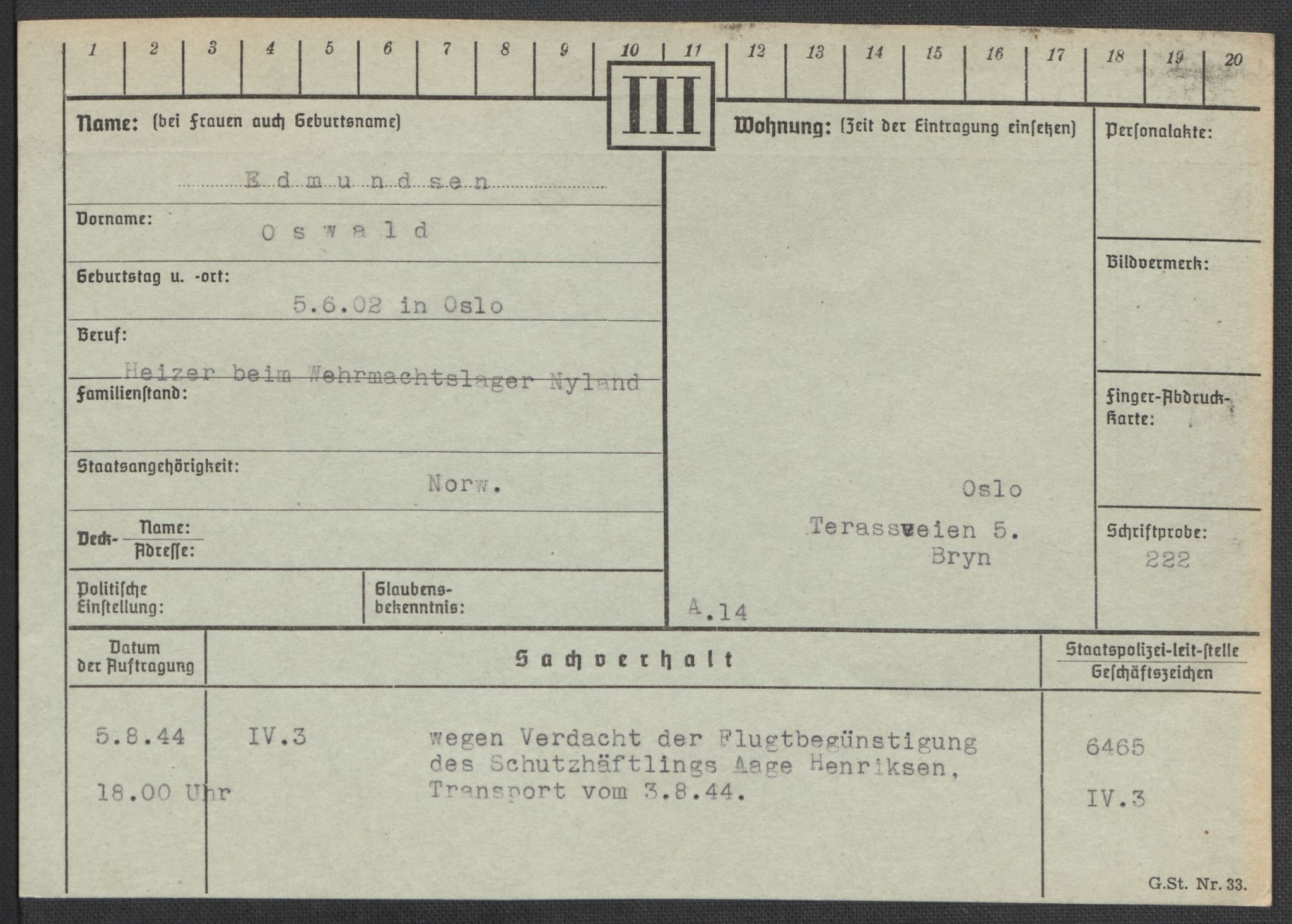 Befehlshaber der Sicherheitspolizei und des SD, RA/RAFA-5969/E/Ea/Eaa/L0002: Register over norske fanger i Møllergata 19: Bj-Eng, 1940-1945, p. 1163