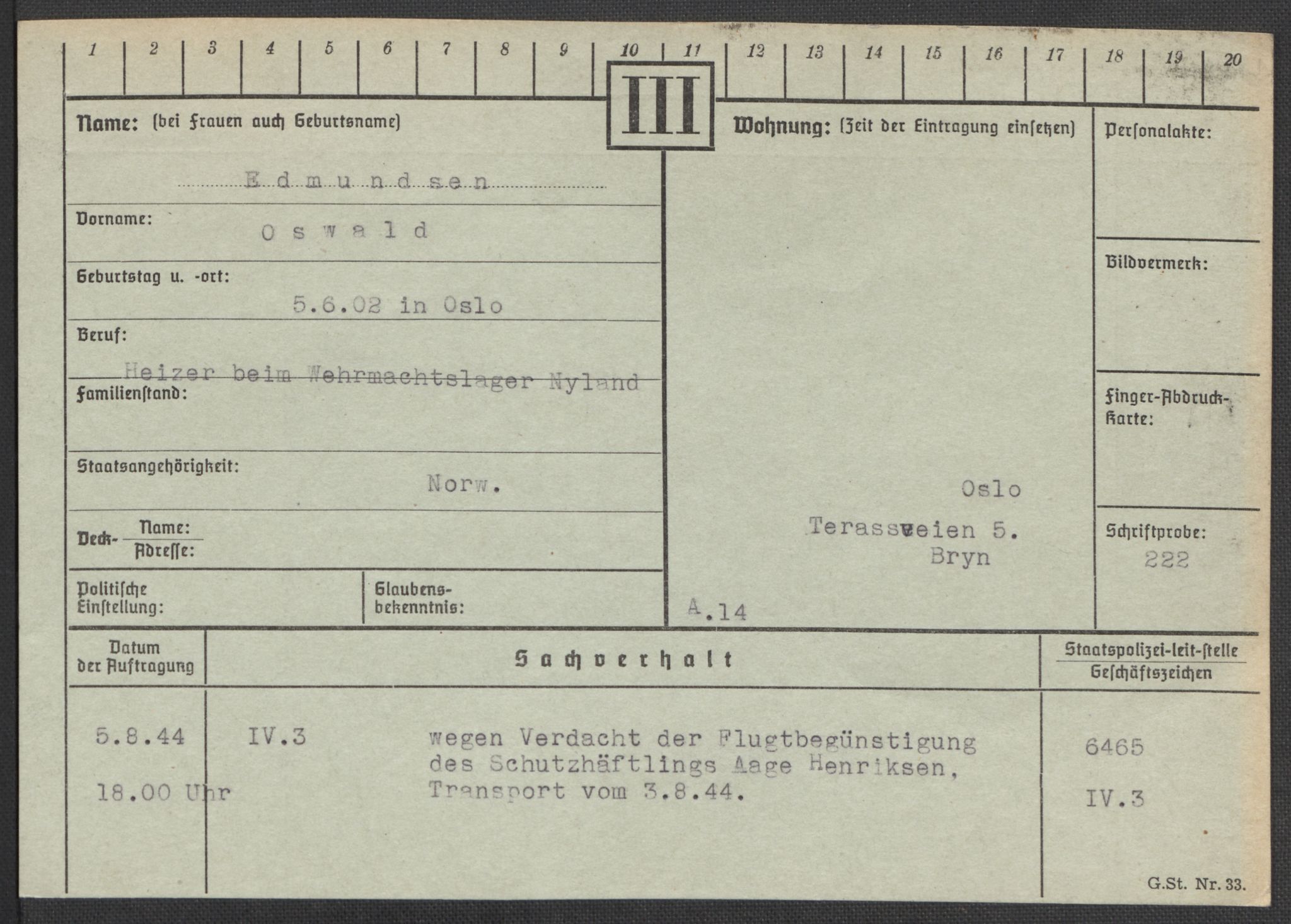 Befehlshaber der Sicherheitspolizei und des SD, AV/RA-RAFA-5969/E/Ea/Eaa/L0002: Register over norske fanger i Møllergata 19: Bj-Eng, 1940-1945, p. 1163