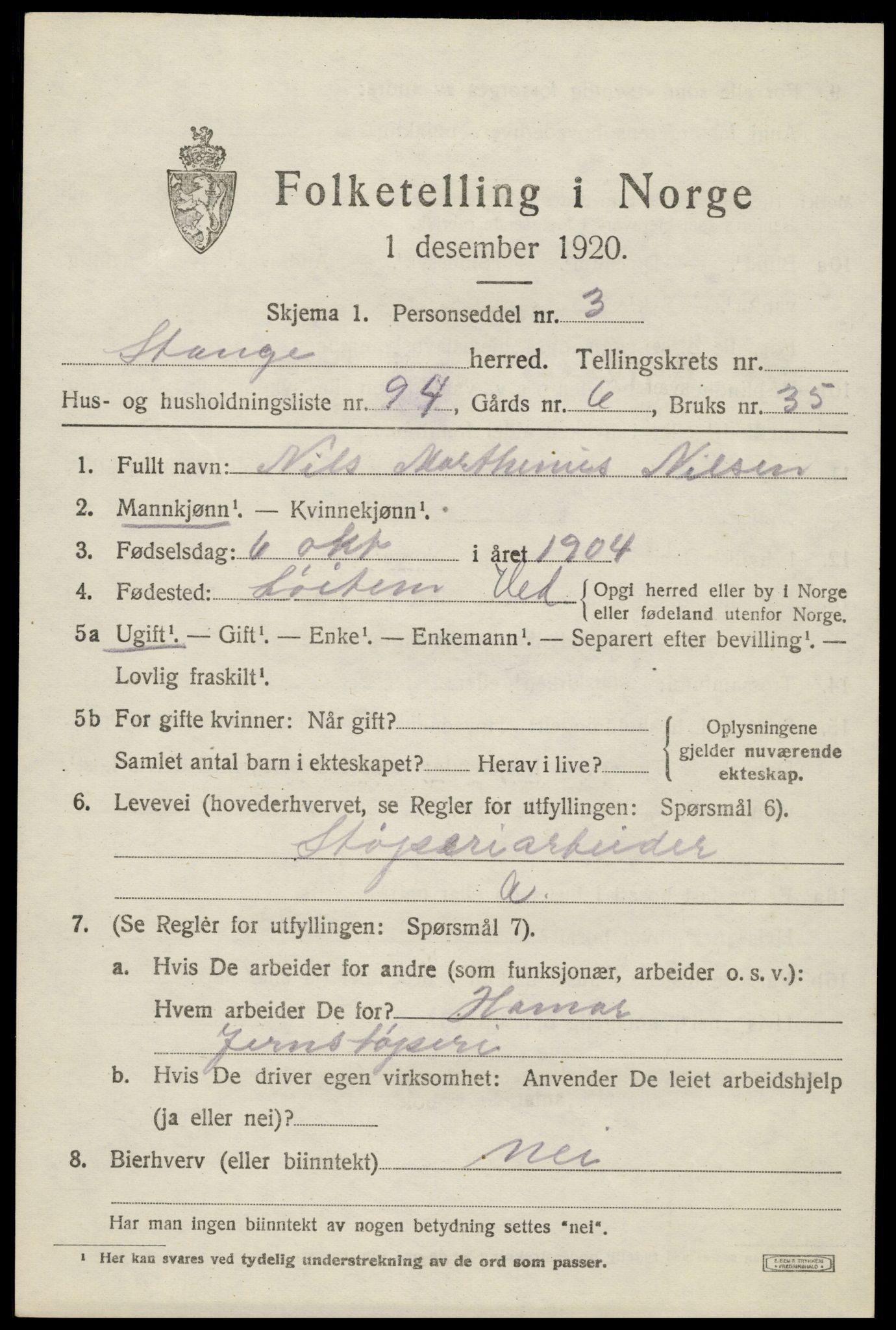 SAH, 1920 census for Stange, 1920, p. 4011