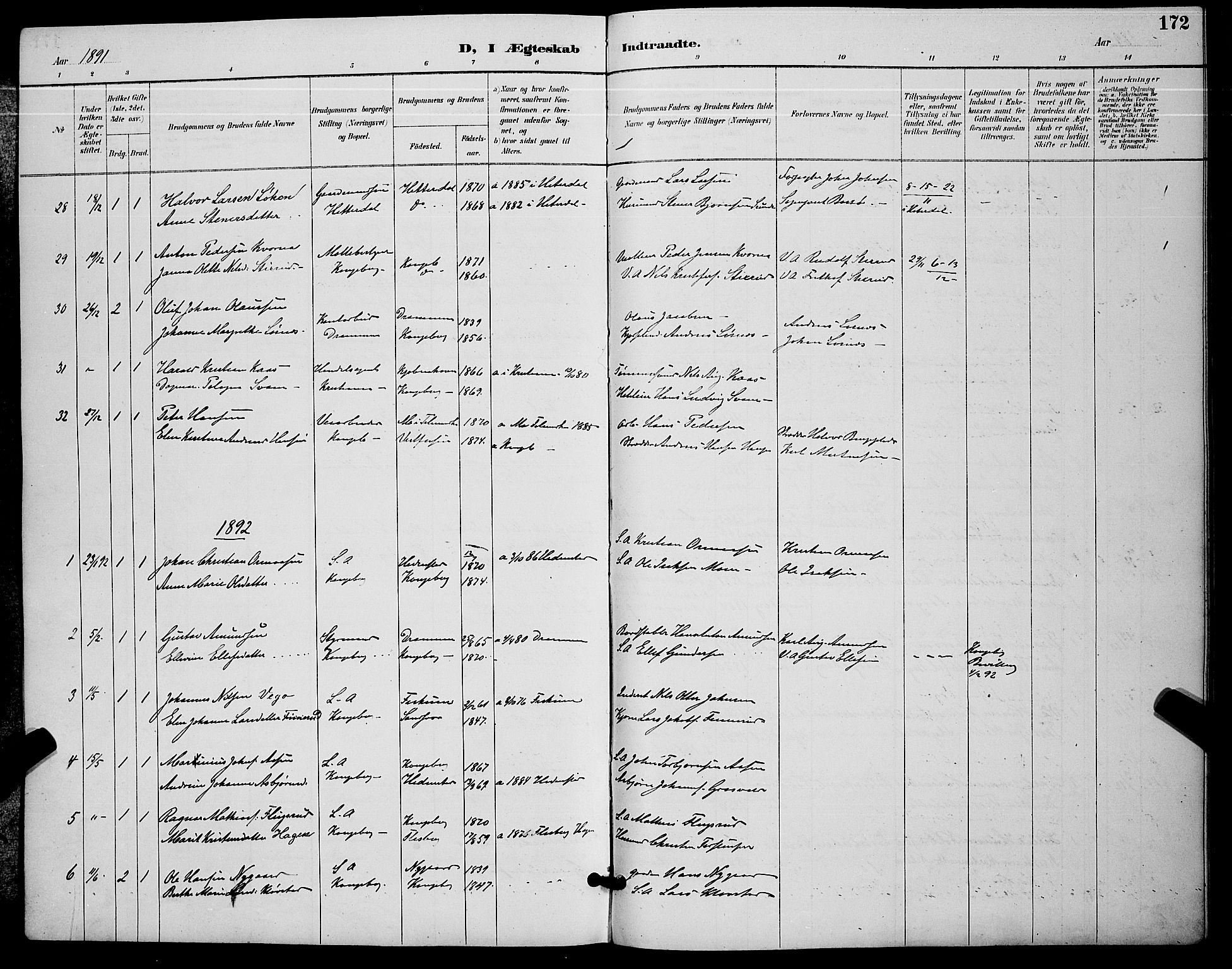 Kongsberg kirkebøker, SAKO/A-22/G/Ga/L0006: Parish register (copy) no. 6, 1890-1901, p. 172