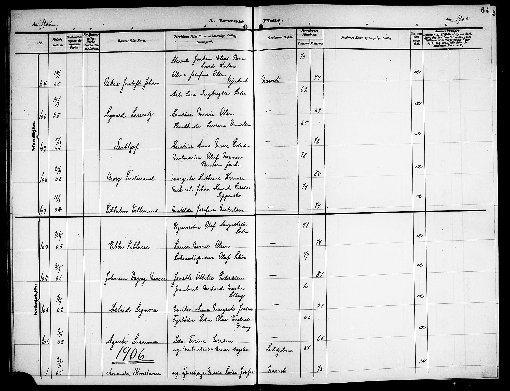 Ministerialprotokoller, klokkerbøker og fødselsregistre - Nordland, SAT/A-1459/871/L1012: Parish register (copy) no. 871C01, 1902-1909, p. 64
