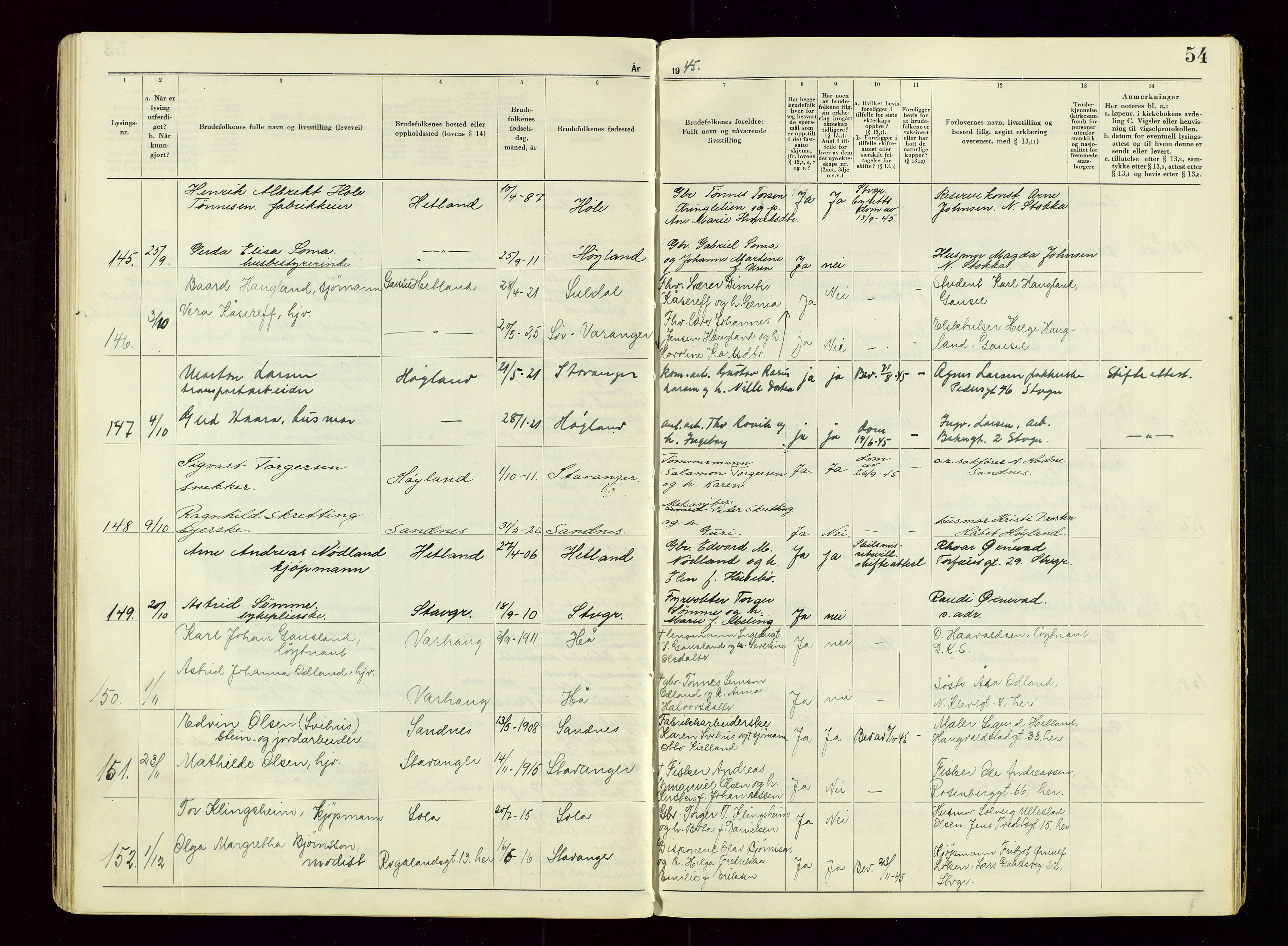 Sandnes sorenskriveri, AV/SAST-A-100312/02/I/Ic/L0001: Vigsel (Lysingsbok), 1944-1954, p. 54
