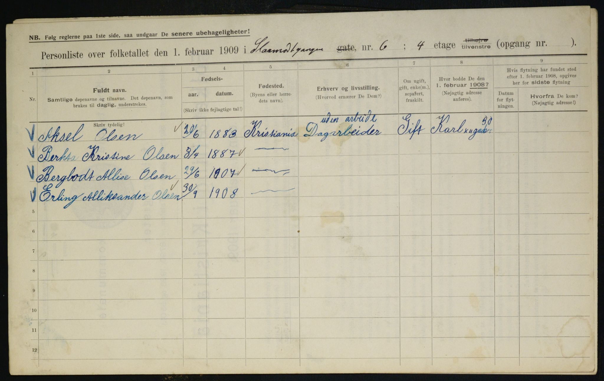 OBA, Municipal Census 1909 for Kristiania, 1909, p. 87926