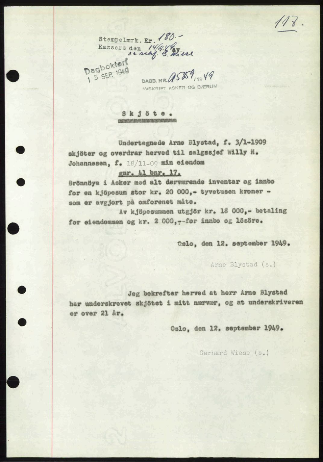 Asker og Bærum sorenskriveri, AV/SAO-A-10379a/G/Gb/Gba/L0007: Mortgage book no. A93, 1949-1949, Diary no: : 5359/1949