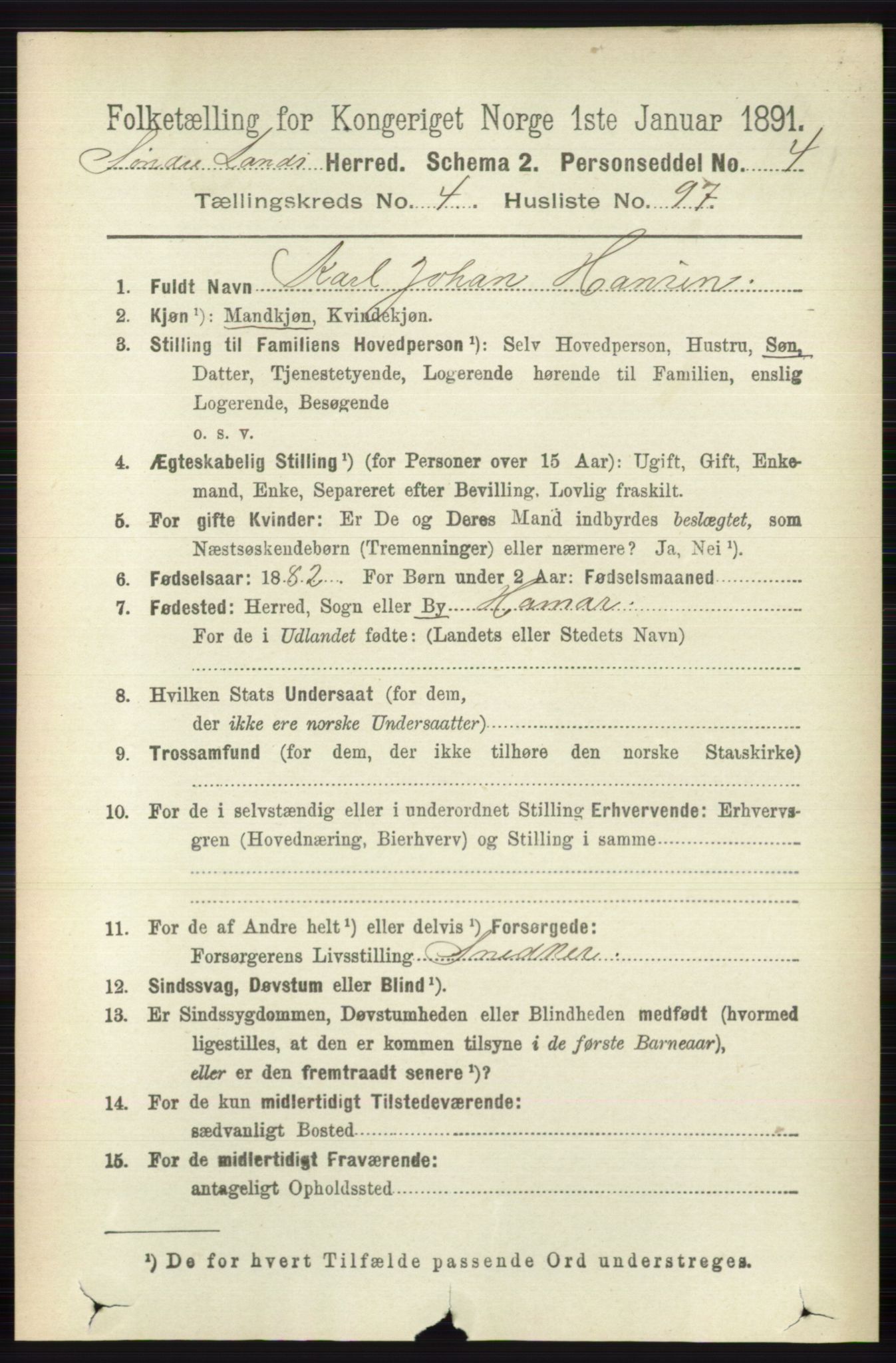 RA, 1891 census for 0536 Søndre Land, 1891, p. 4562