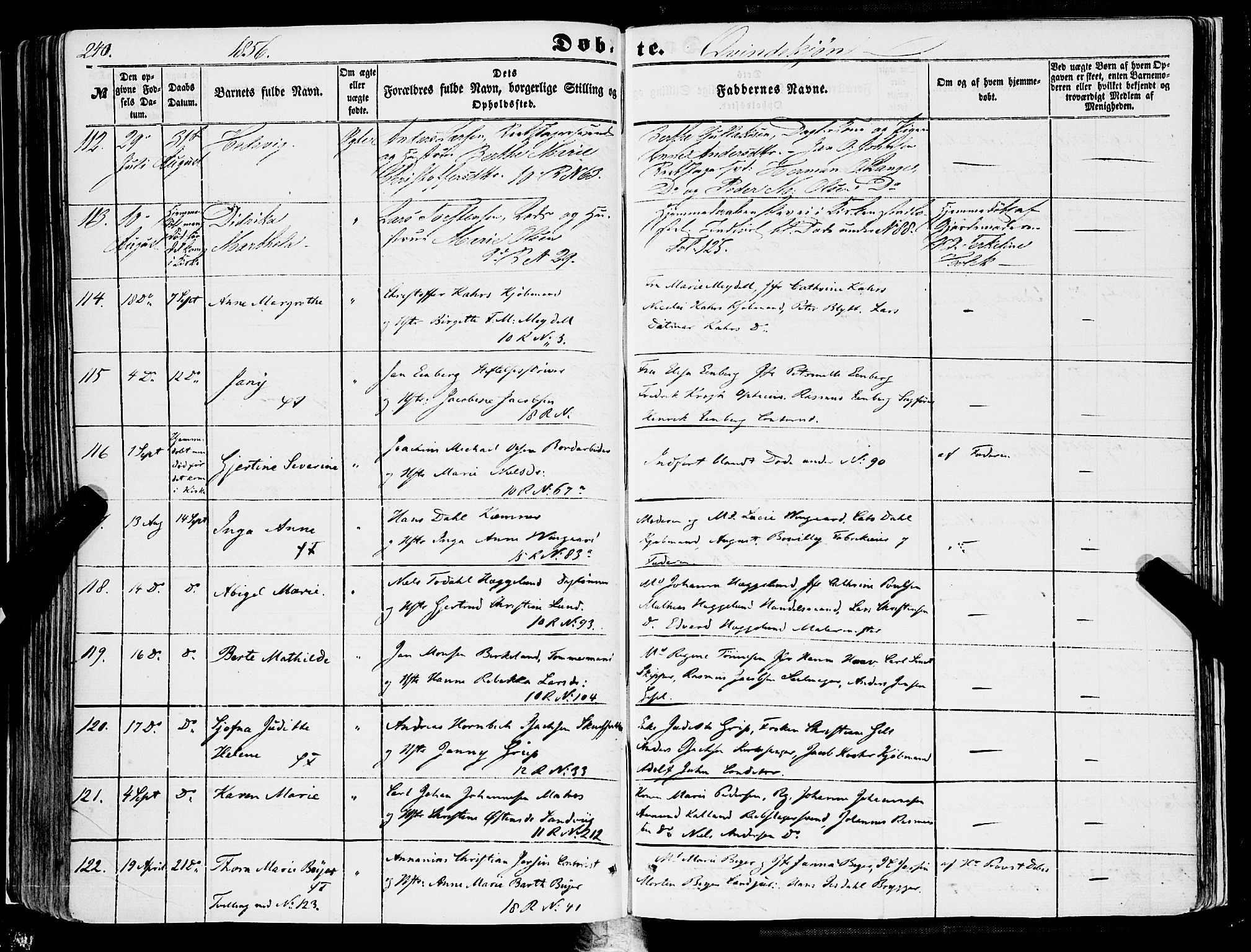 Domkirken sokneprestembete, SAB/A-74801/H/Haa/L0020: Parish register (official) no. B 3, 1851-1859, p. 240