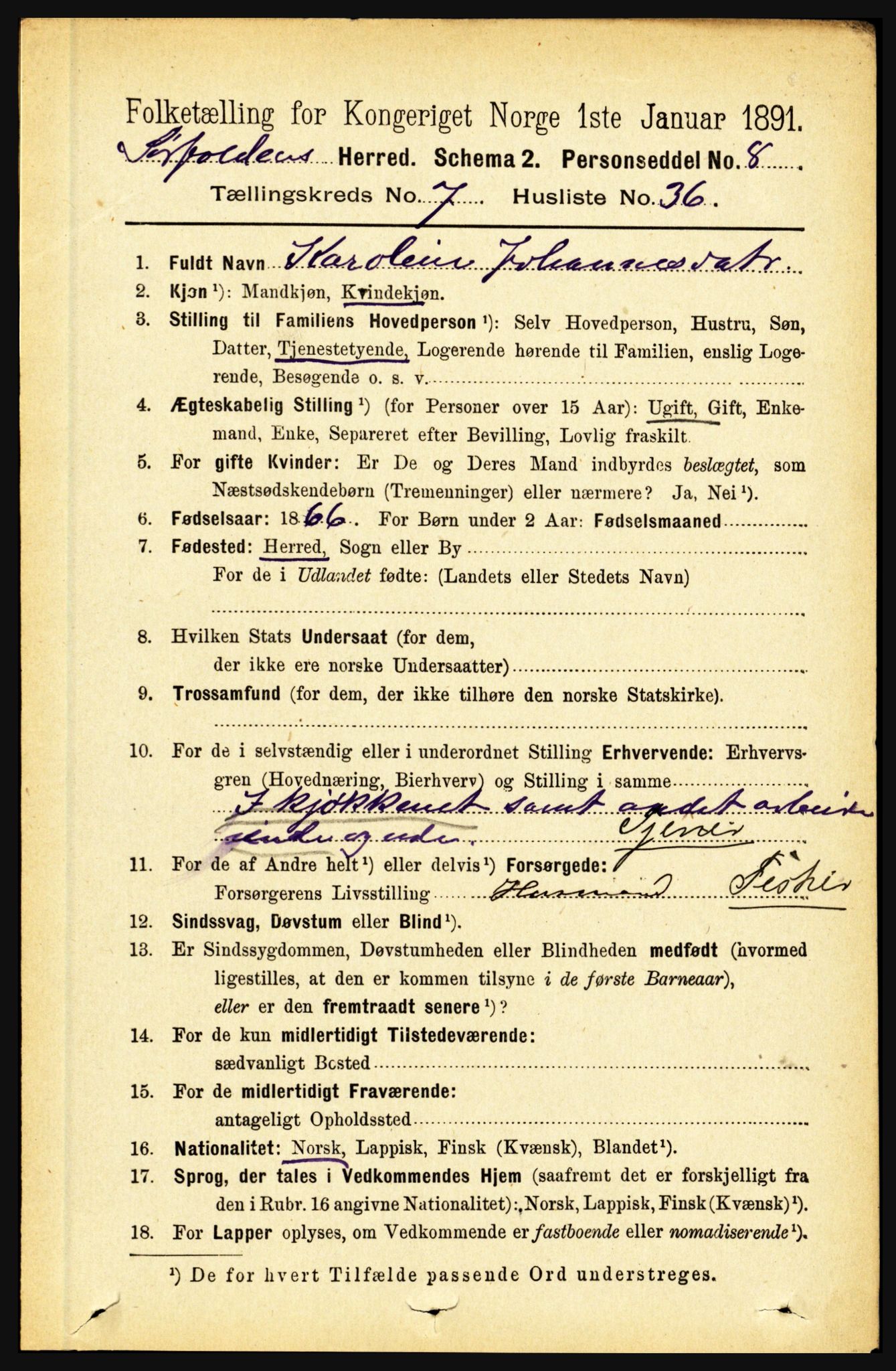 RA, 1891 census for 1845 Sørfold, 1891, p. 2459