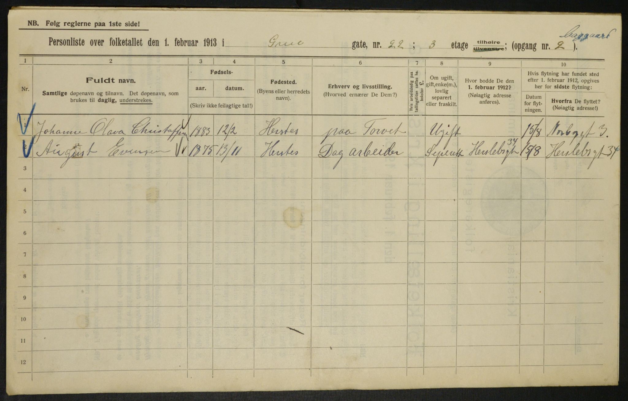 OBA, Municipal Census 1913 for Kristiania, 1913, p. 30704