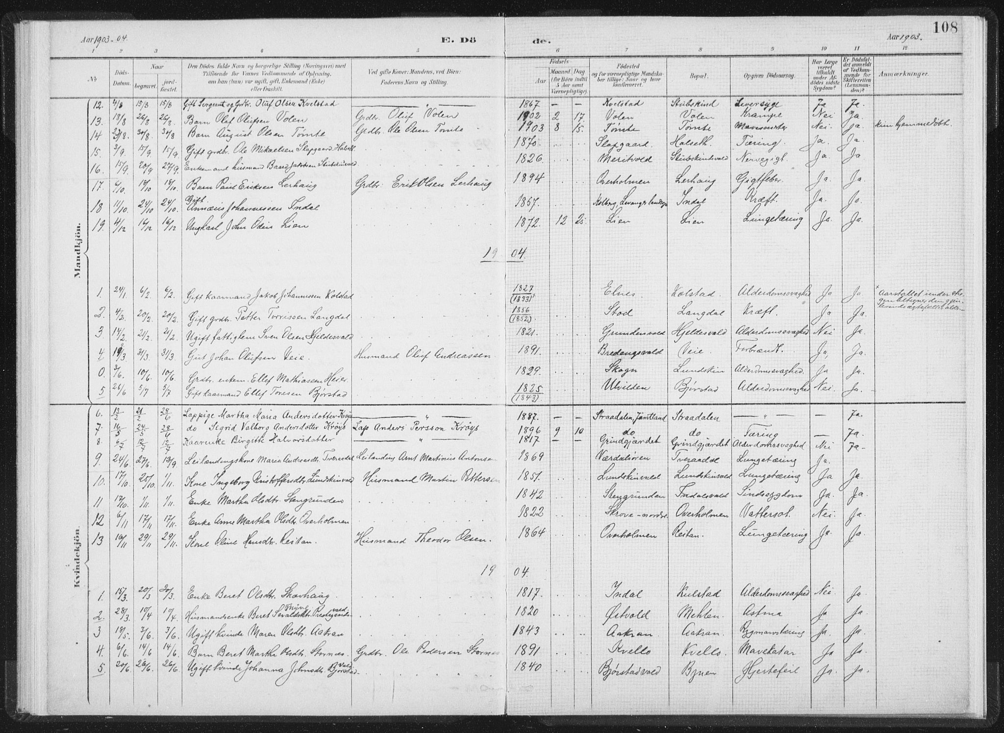 Ministerialprotokoller, klokkerbøker og fødselsregistre - Nord-Trøndelag, SAT/A-1458/724/L0263: Parish register (official) no. 724A01, 1891-1907, p. 108