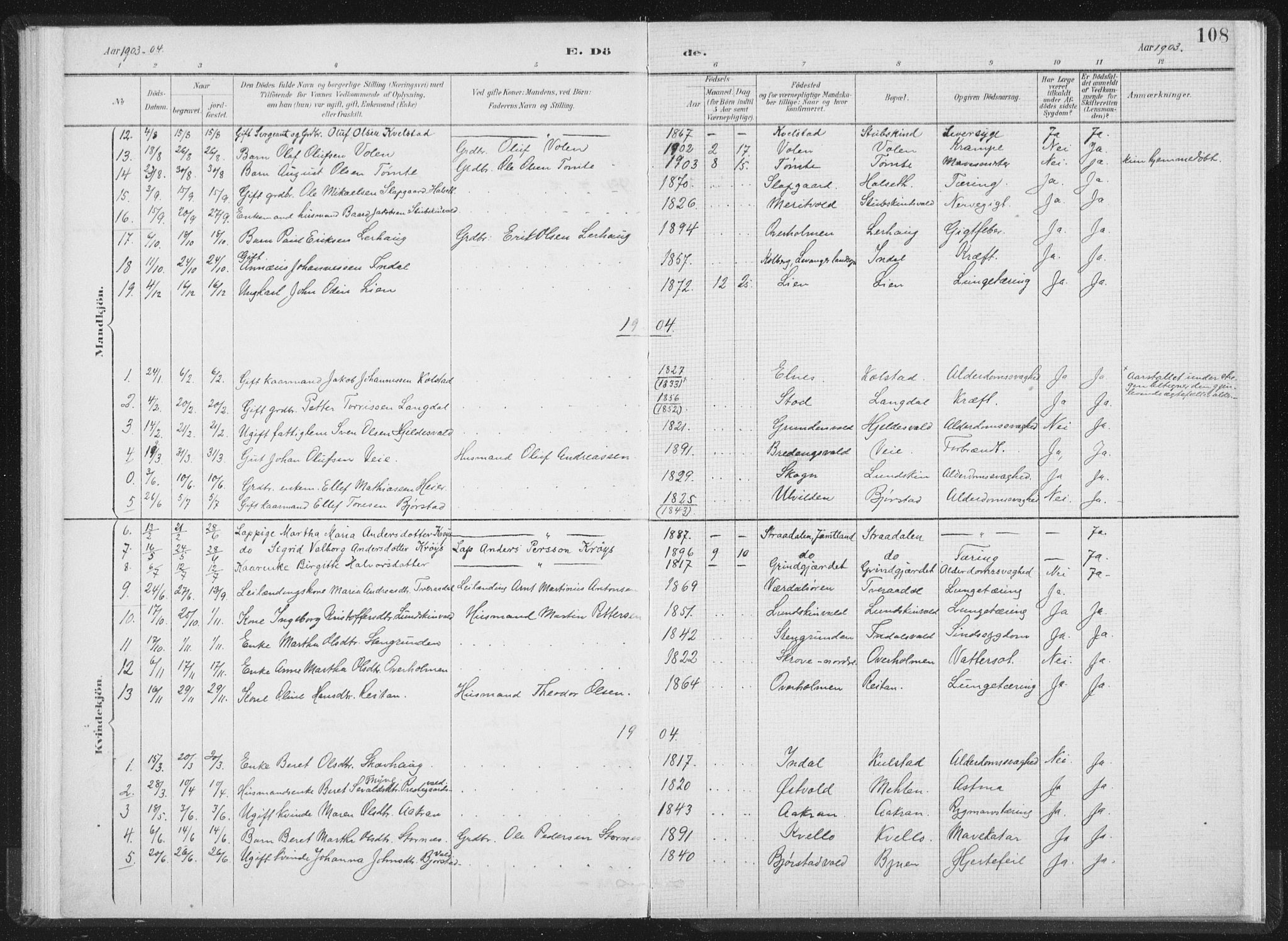 Ministerialprotokoller, klokkerbøker og fødselsregistre - Nord-Trøndelag, AV/SAT-A-1458/724/L0263: Parish register (official) no. 724A01, 1891-1907, p. 108