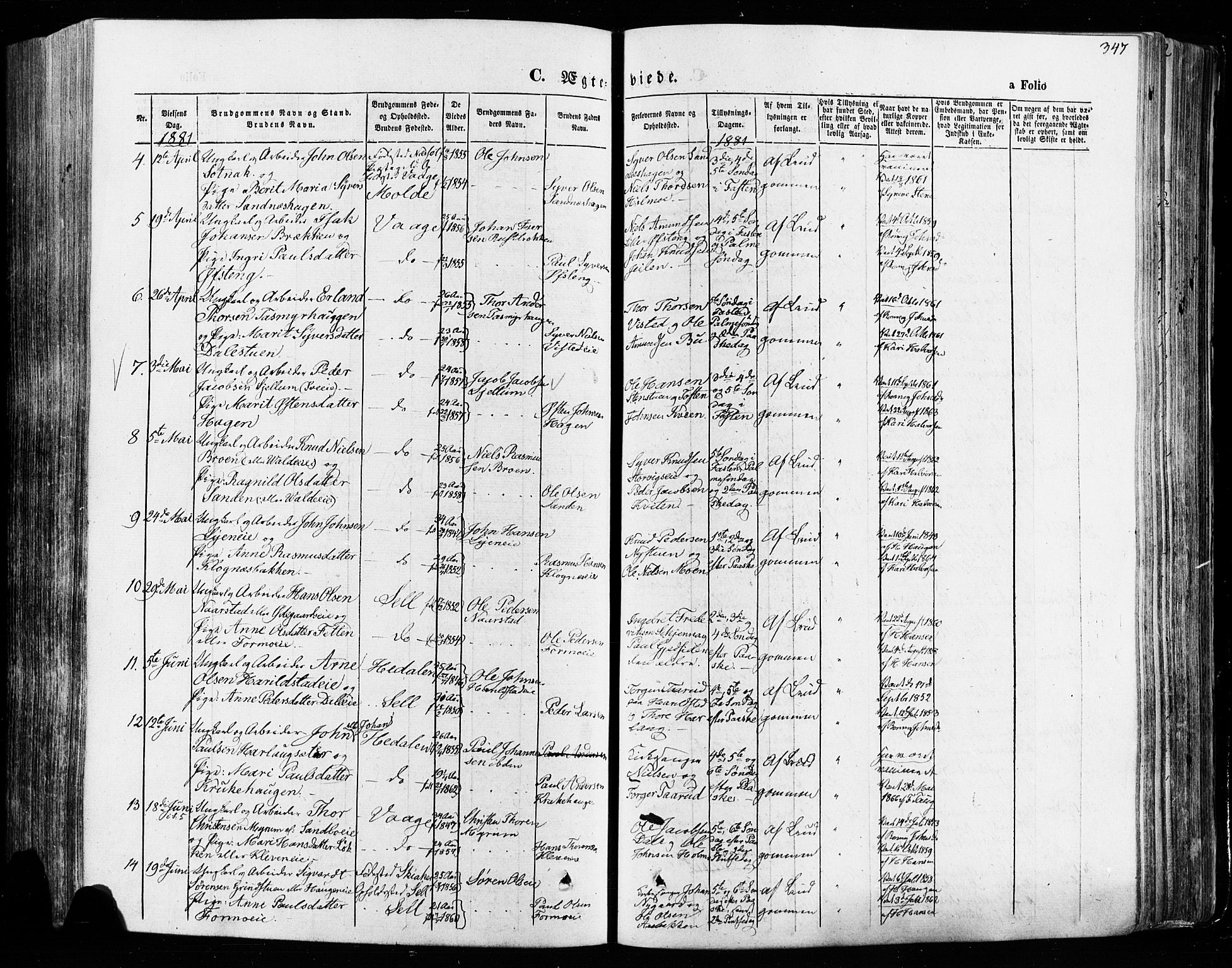 Vågå prestekontor, SAH/PREST-076/H/Ha/Haa/L0007: Parish register (official) no. 7 /1, 1872-1886, p. 347