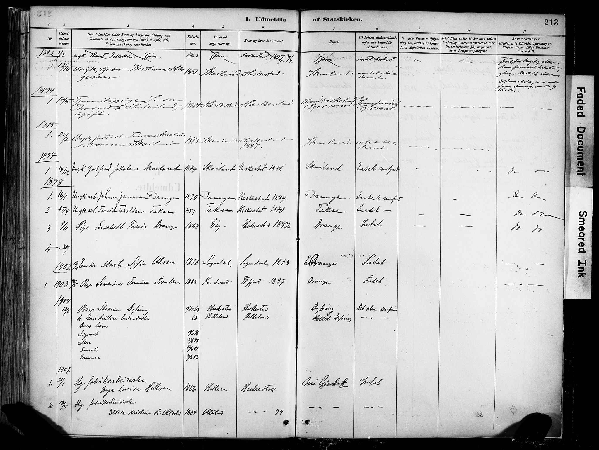 Lund sokneprestkontor, AV/SAST-A-101809/S06/L0012: Parish register (official) no. A 11, 1887-1921, p. 213