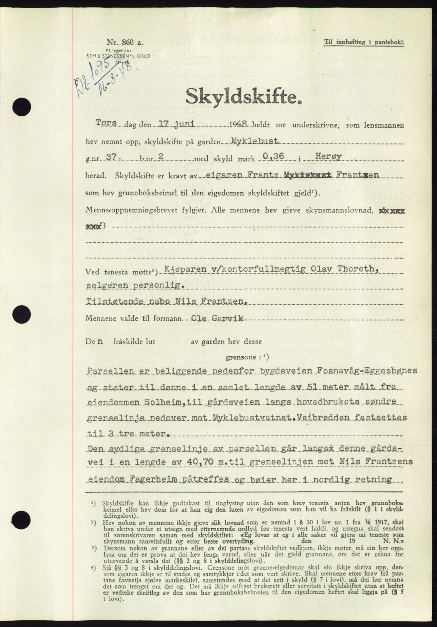 Søre Sunnmøre sorenskriveri, AV/SAT-A-4122/1/2/2C/L0082: Mortgage book no. 8A, 1948-1948, Diary no: : 1095/1948