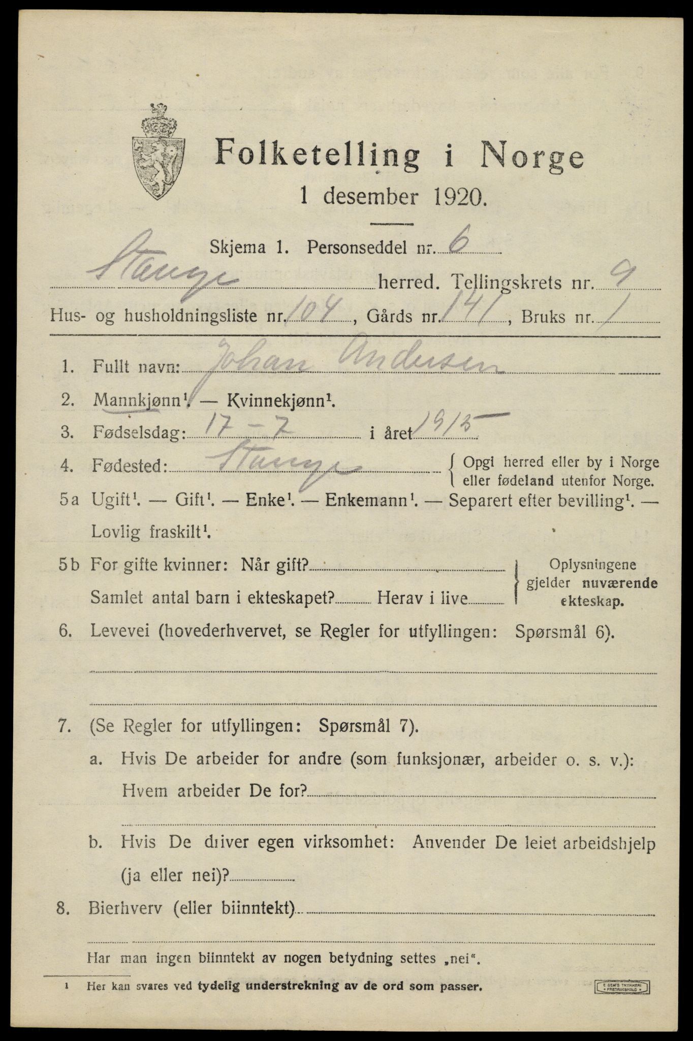 SAH, 1920 census for Stange, 1920, p. 15837