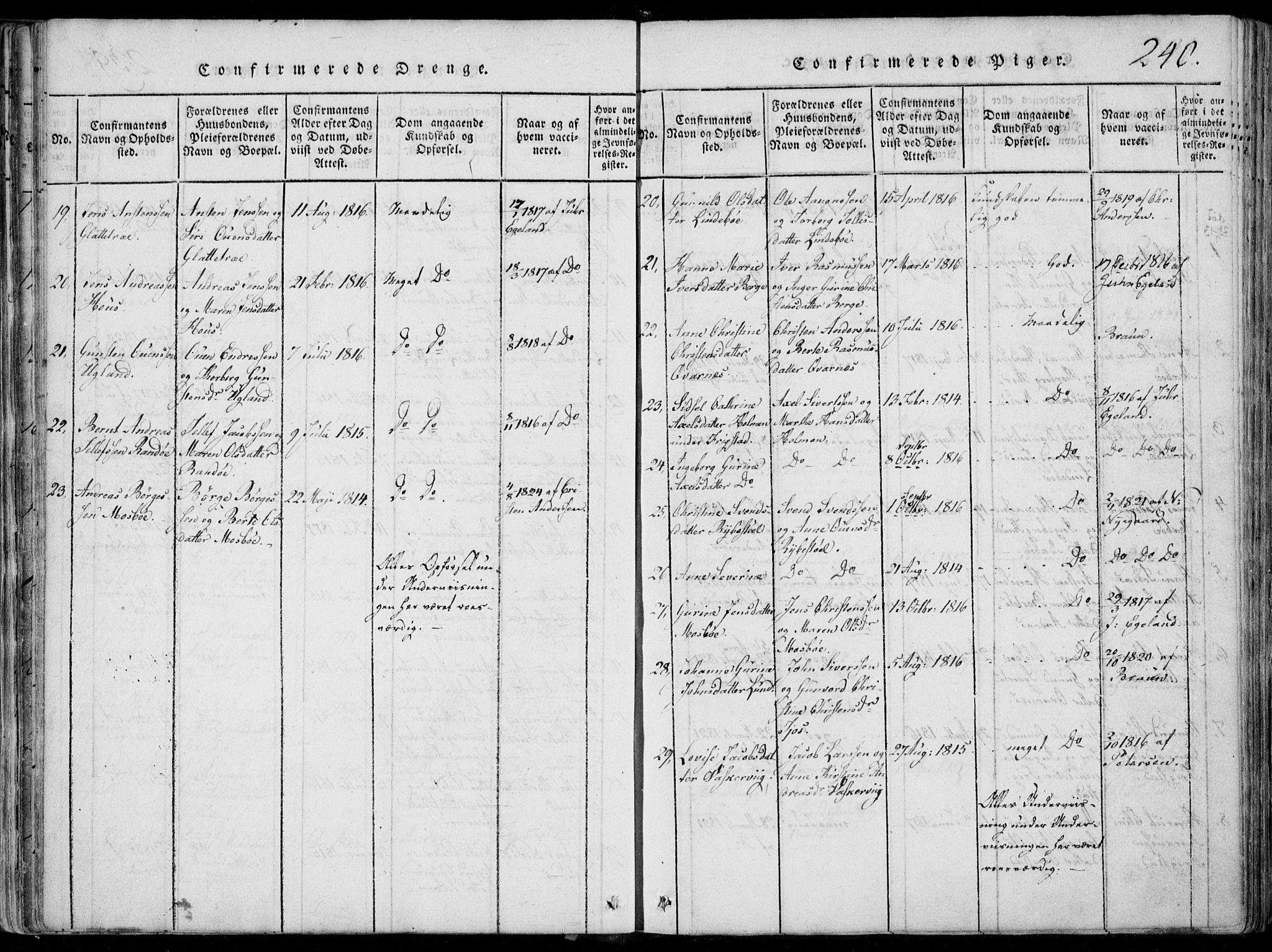 Oddernes sokneprestkontor, AV/SAK-1111-0033/F/Fa/Faa/L0005: Parish register (official) no. A 5, 1820-1838, p. 240