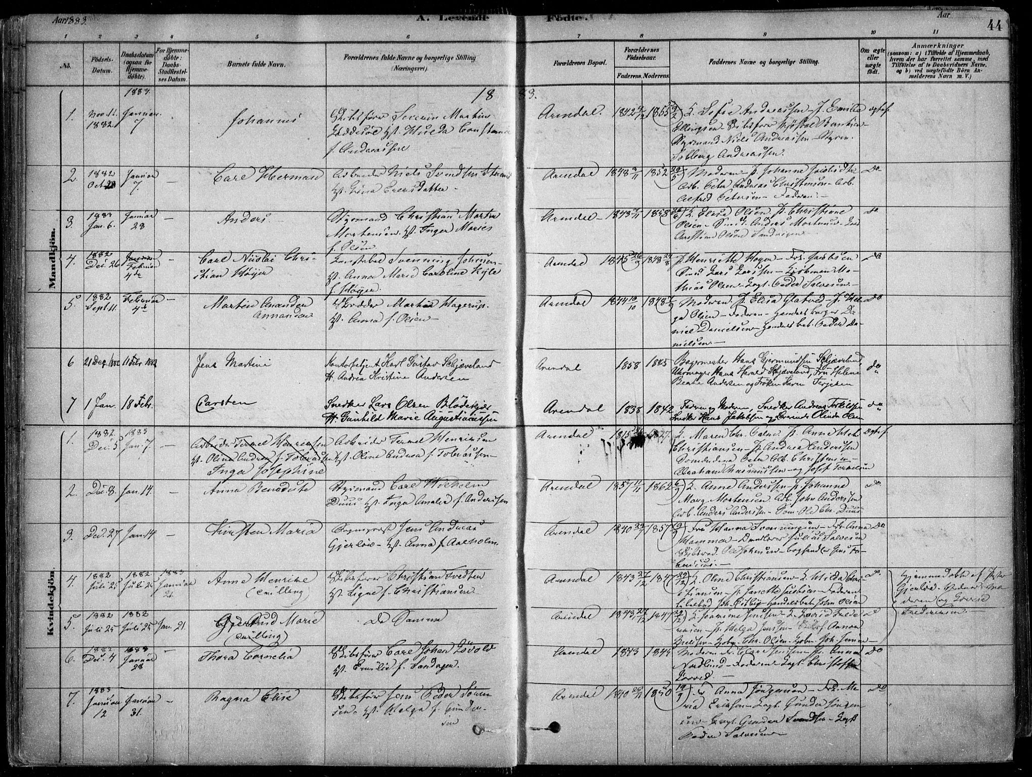 Arendal sokneprestkontor, Trefoldighet, SAK/1111-0040/F/Fa/L0008: Parish register (official) no. A 8, 1878-1899, p. 44