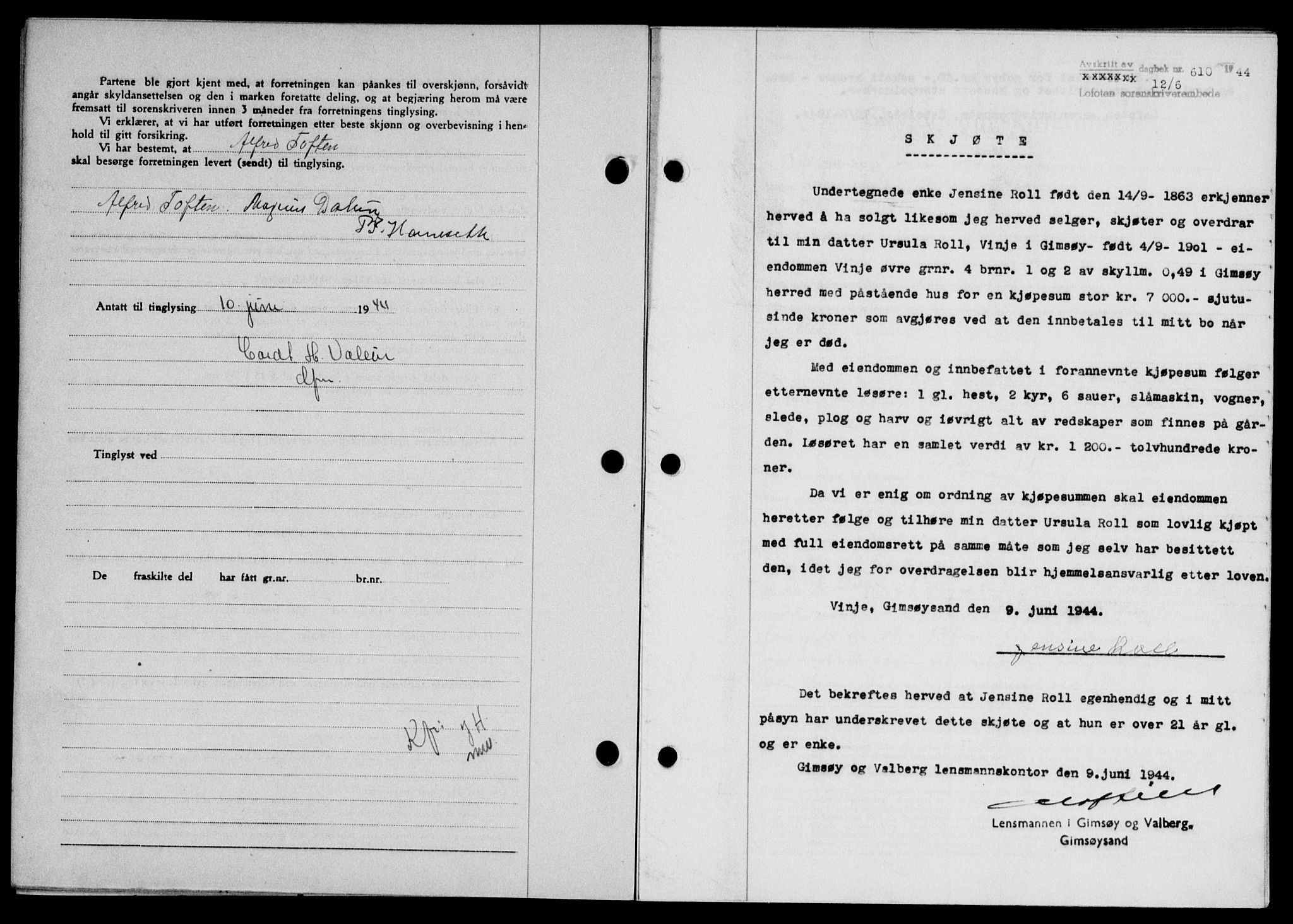 Lofoten sorenskriveri, SAT/A-0017/1/2/2C/L0012a: Mortgage book no. 12a, 1943-1944, Diary no: : 610/1944