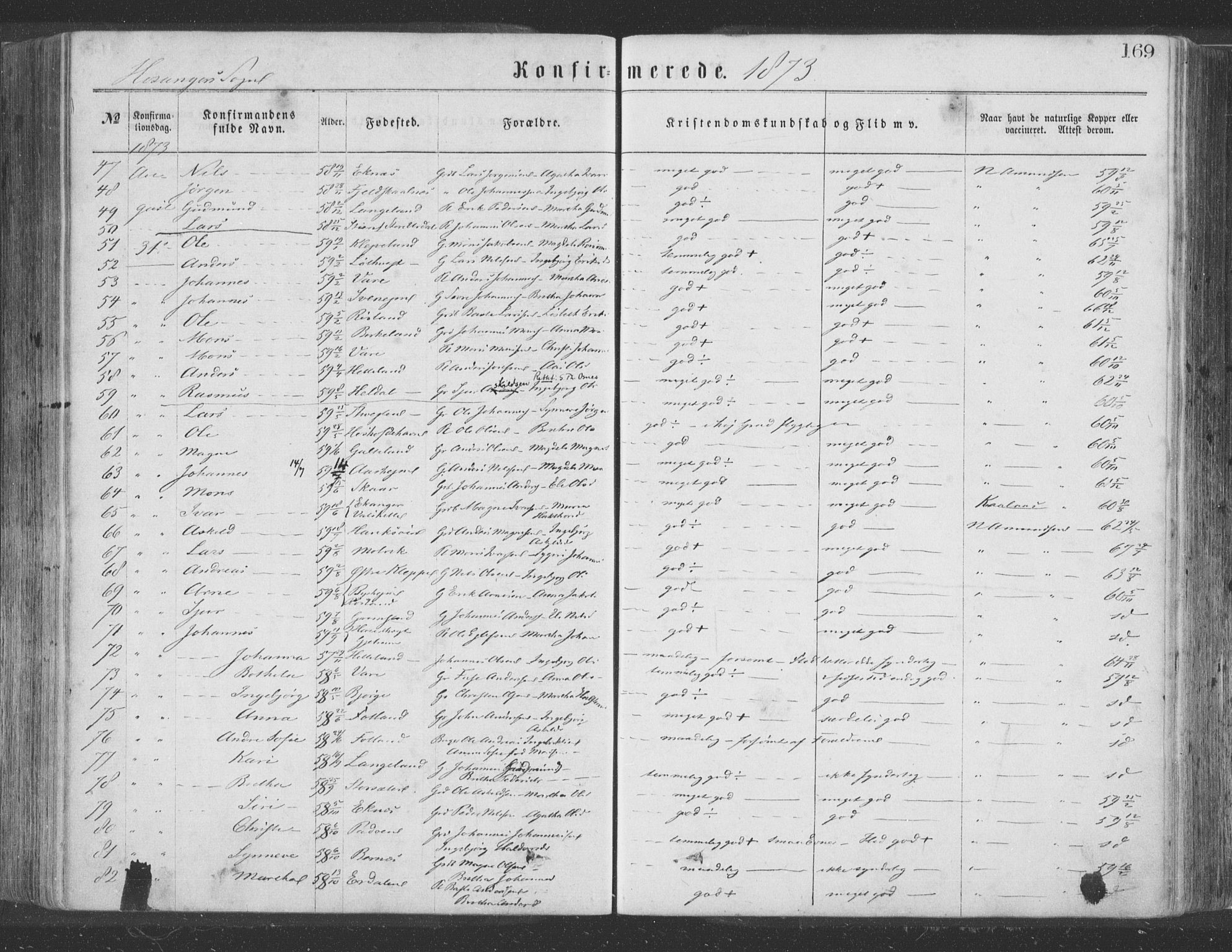 Hosanger sokneprestembete, SAB/A-75801/H/Haa: Parish register (official) no. A 9, 1864-1876, p. 169