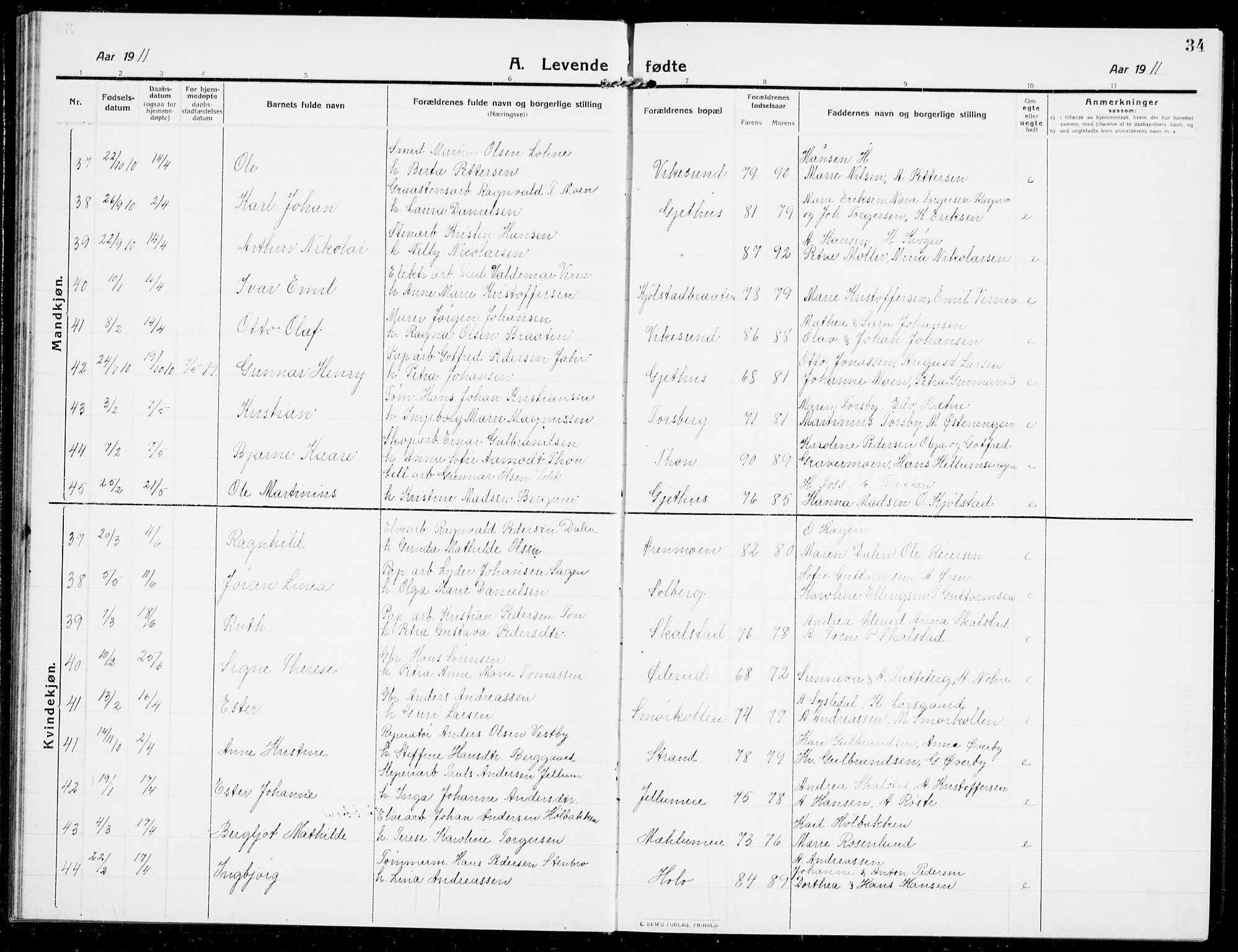 Modum kirkebøker, AV/SAKO-A-234/G/Ga/L0009: Parish register (copy) no. I 9, 1909-1923, p. 34