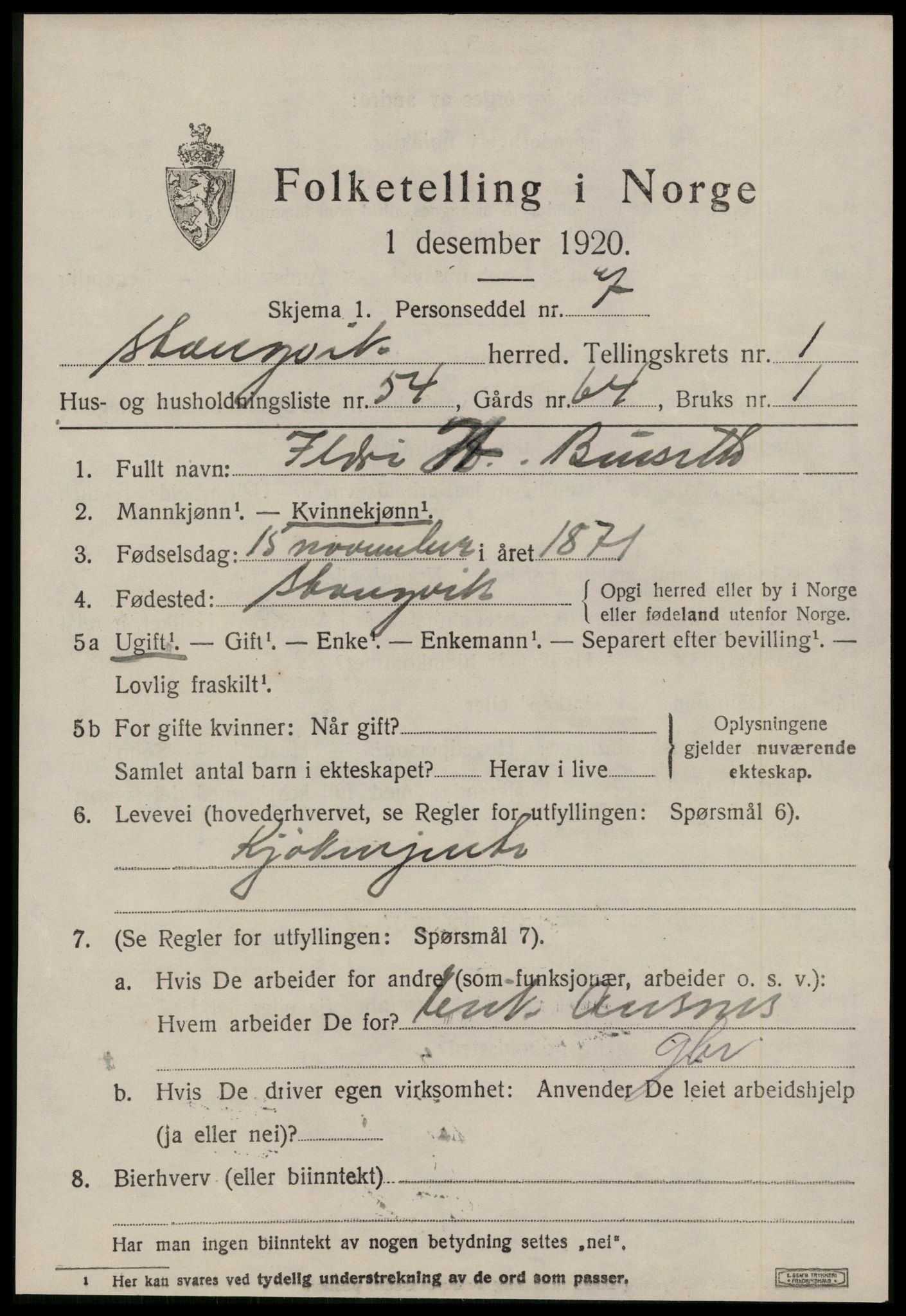 SAT, 1920 census for Stangvik, 1920, p. 1416