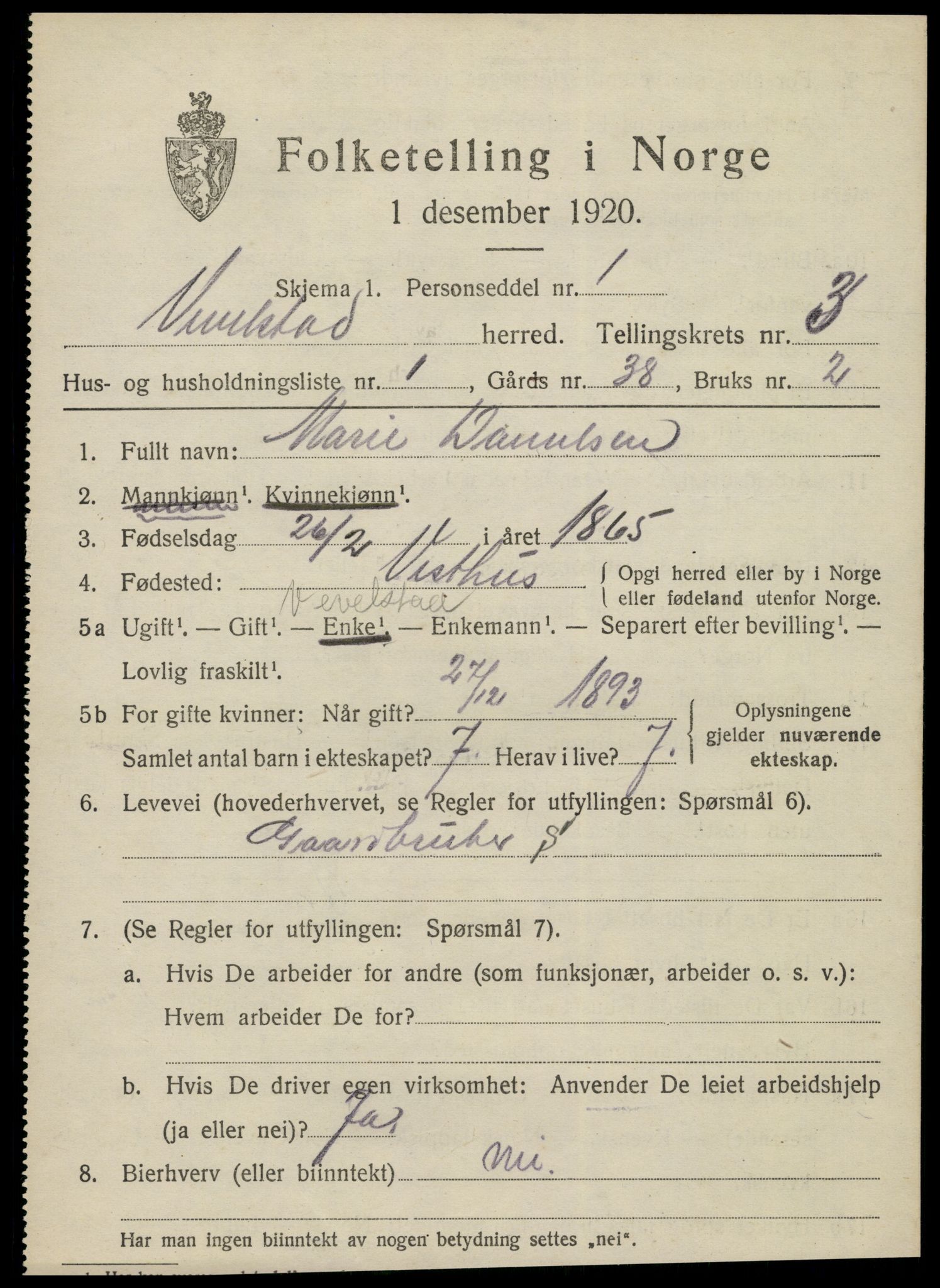 SAT, 1920 census for Vevelstad, 1920, p. 1870