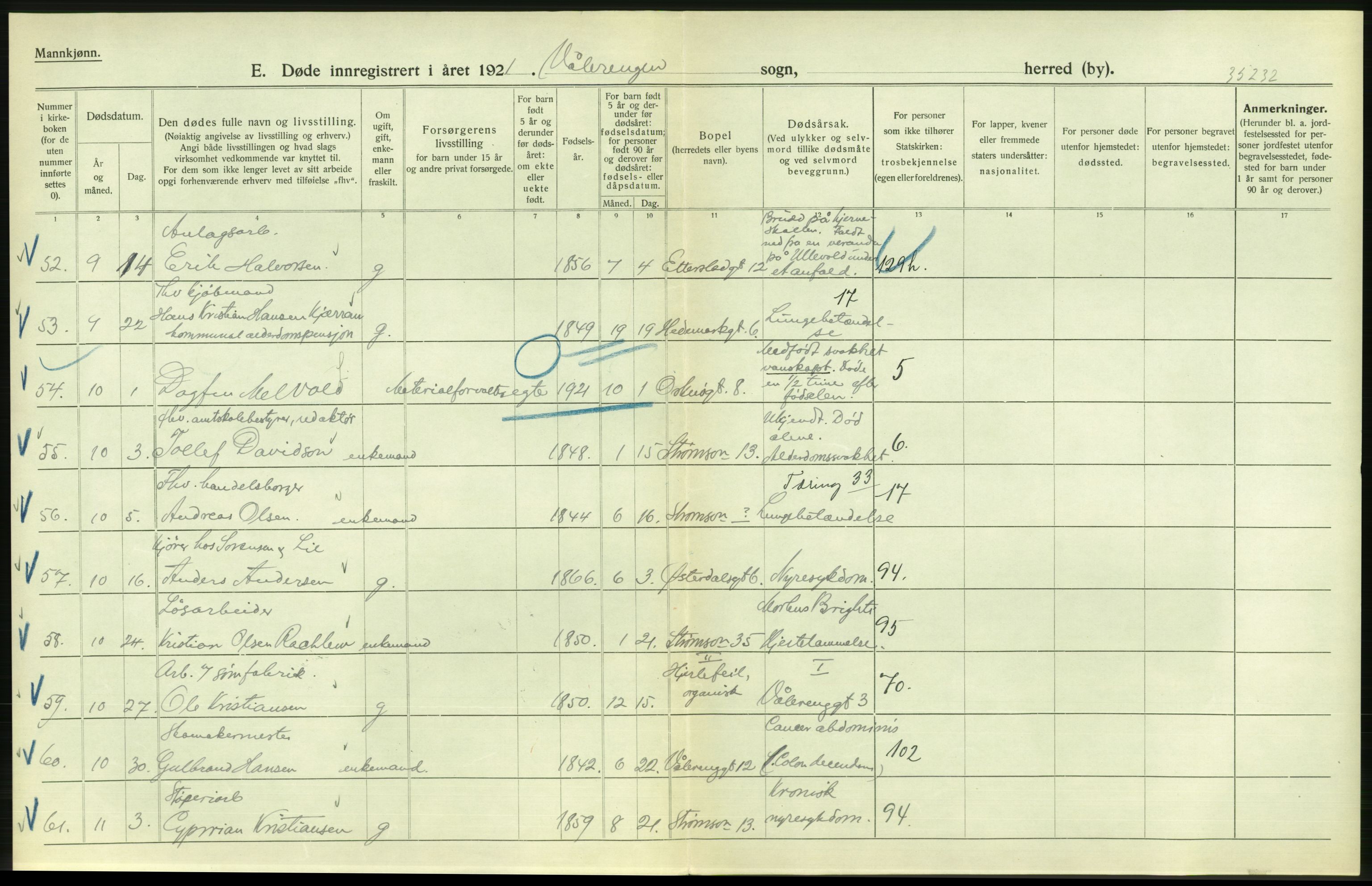 Statistisk sentralbyrå, Sosiodemografiske emner, Befolkning, RA/S-2228/D/Df/Dfc/Dfca/L0013: Kristiania: Døde, dødfødte, 1921, p. 280