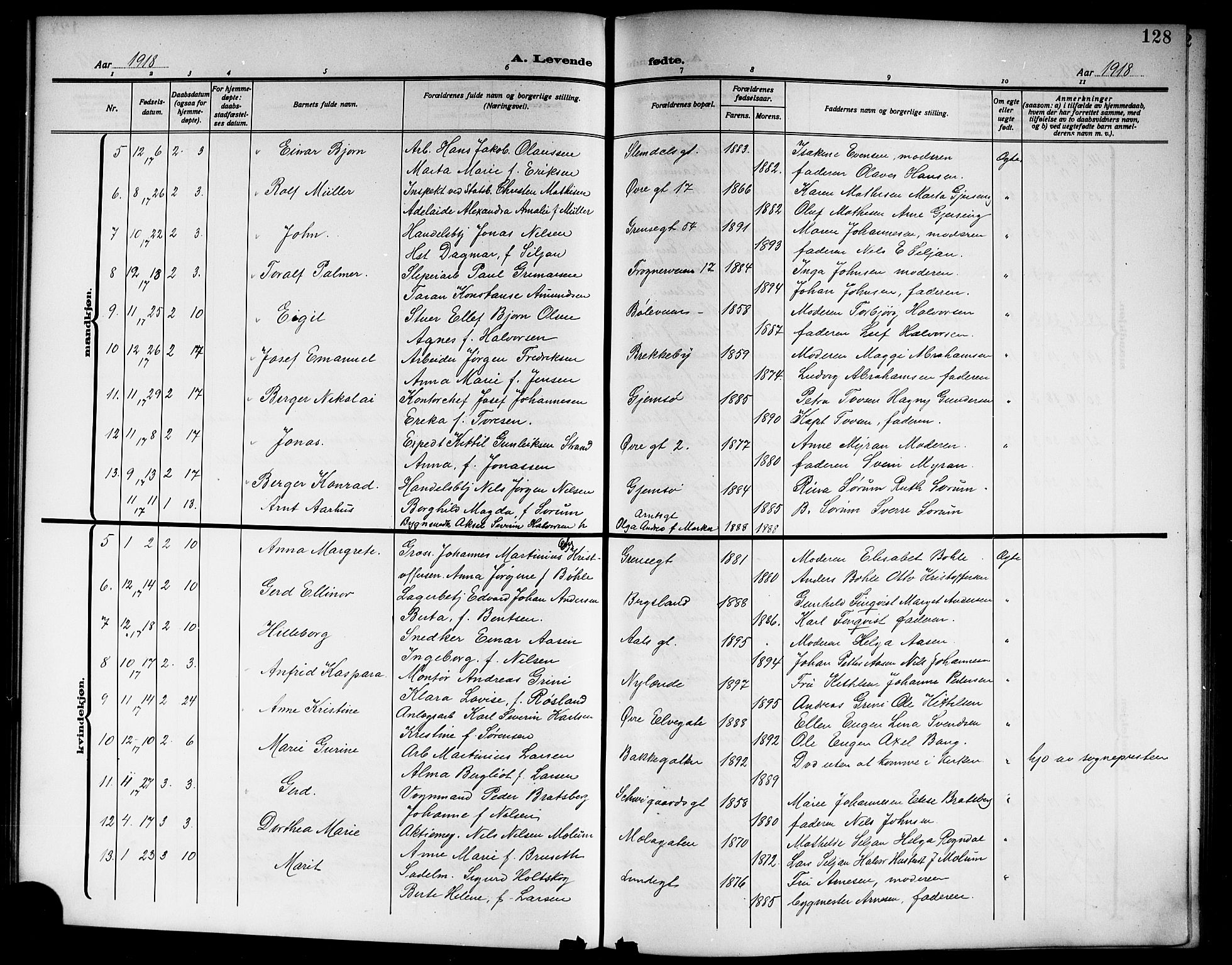Skien kirkebøker, SAKO/A-302/G/Ga/L0009: Parish register (copy) no. 9, 1910-1920, p. 128