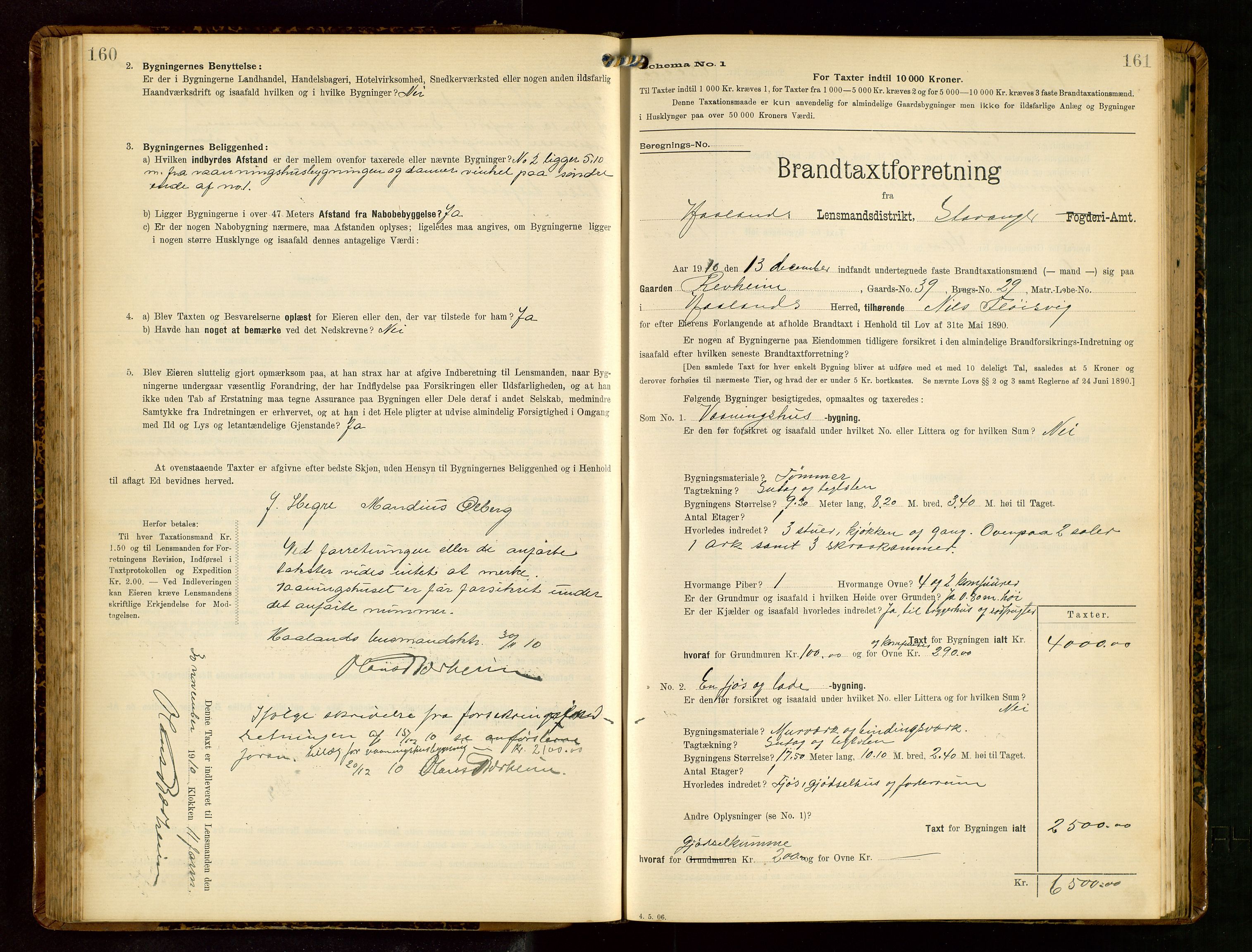 Håland lensmannskontor, AV/SAST-A-100100/Gob/L0003: Branntakstprotokoll - skjematakst. Register i boken., 1909-1910, p. 160-161