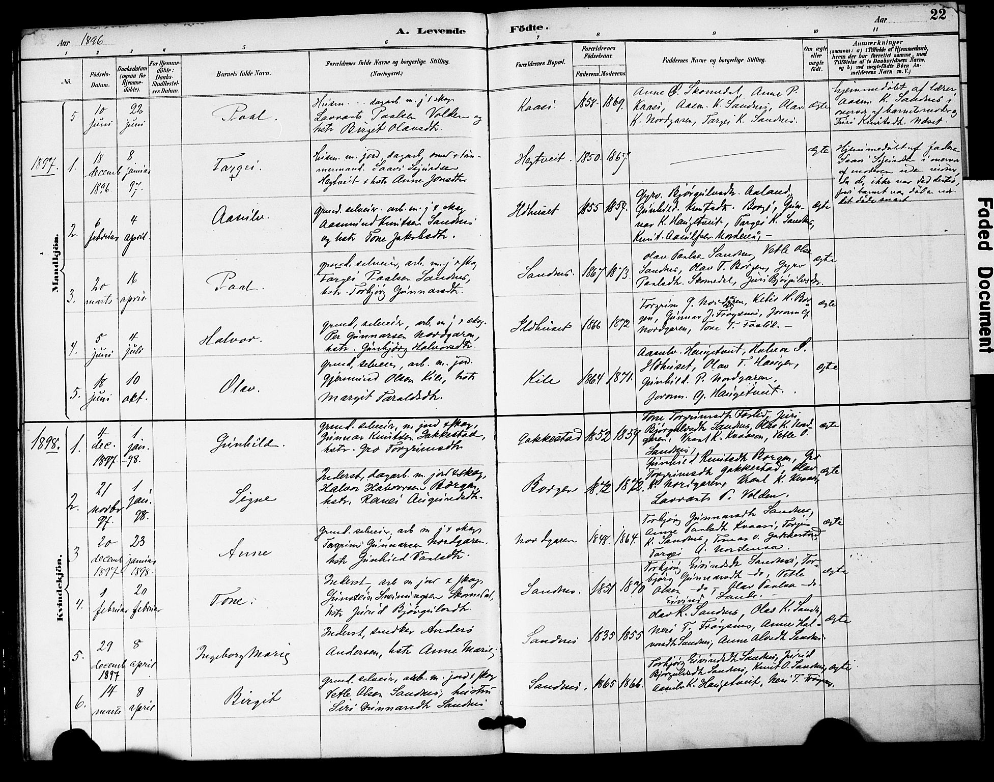 Bygland sokneprestkontor, SAK/1111-0006/F/Fa/Fac/L0001: Parish register (official) no. A 1, 1885-1909, p. 22