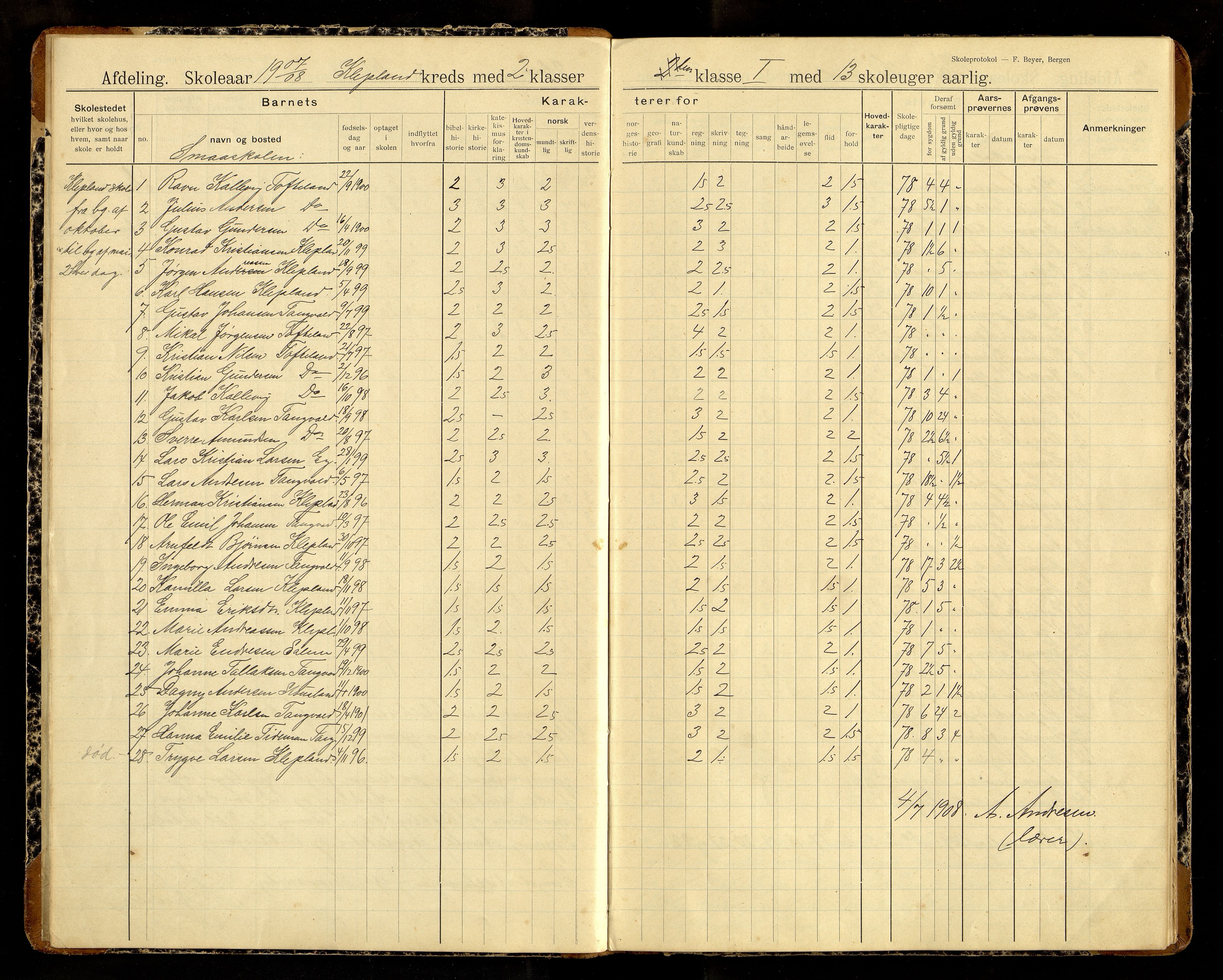 Søgne kommune - Klepland/Nygård Krets, ARKSOR/1018SØ554/H/L0001: Skoleprotokoll (d), 1907-1967, p. 3b-4a