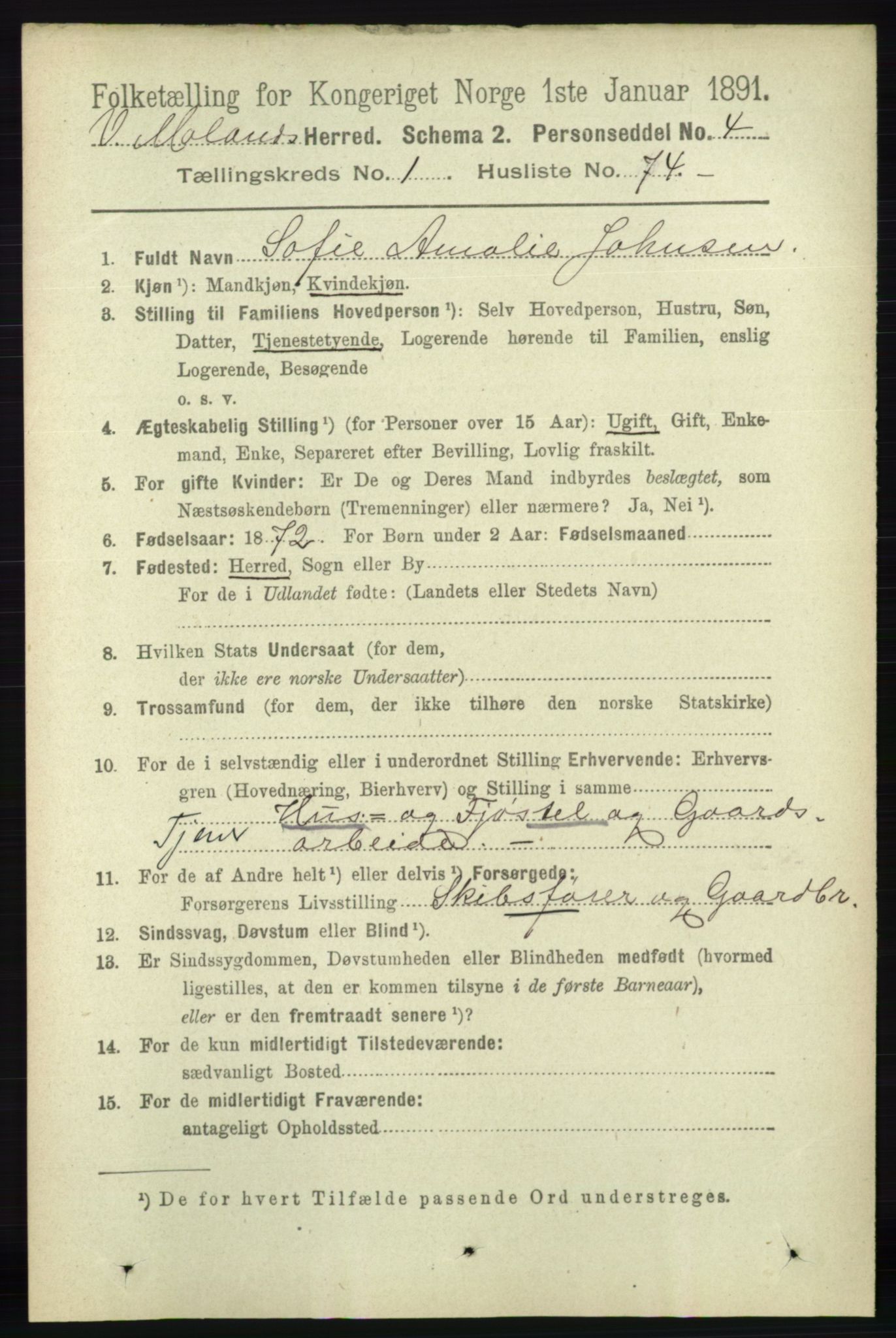 RA, 1891 census for 0926 Vestre Moland, 1891, p. 524