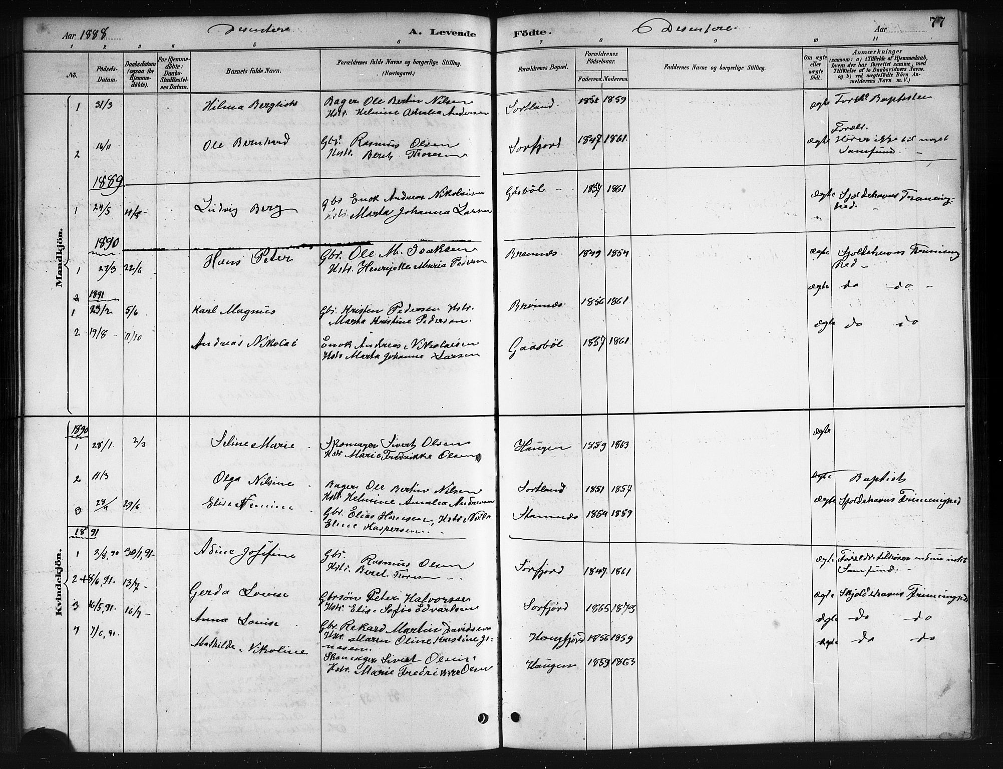 Ministerialprotokoller, klokkerbøker og fødselsregistre - Nordland, AV/SAT-A-1459/895/L1382: Parish register (copy) no. 895C04, 1885-1896, p. 77