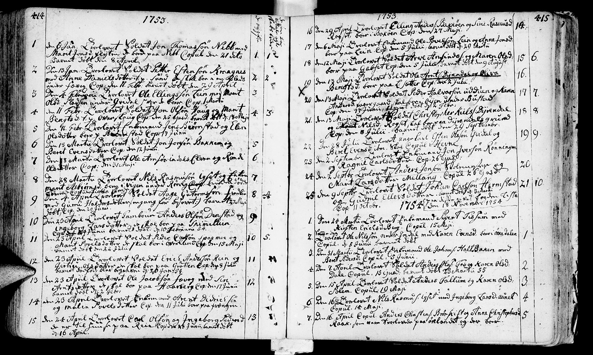 Ministerialprotokoller, klokkerbøker og fødselsregistre - Sør-Trøndelag, SAT/A-1456/646/L0605: Parish register (official) no. 646A03, 1751-1790, p. 414-415
