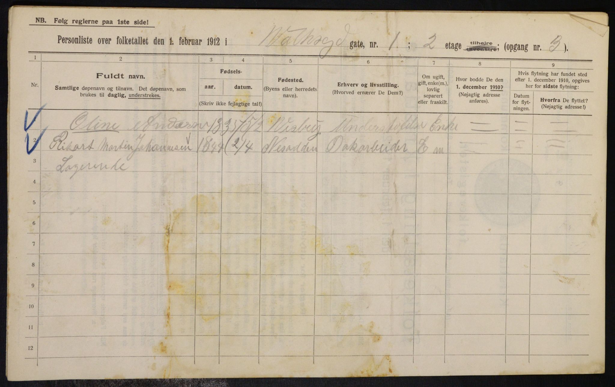OBA, Municipal Census 1912 for Kristiania, 1912, p. 121396