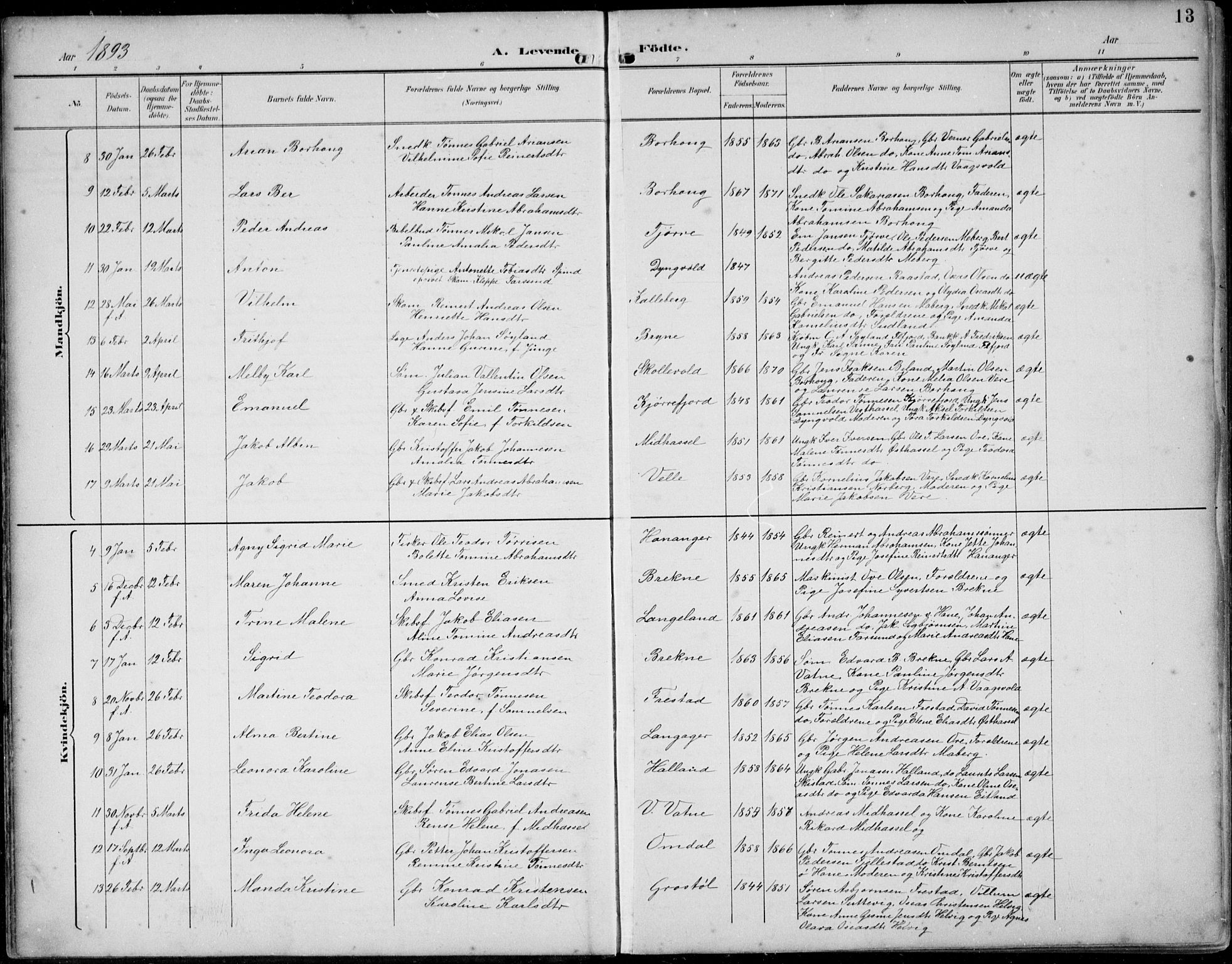 Lista sokneprestkontor, AV/SAK-1111-0027/F/Fb/L0005: Parish register (copy) no. B 5, 1892-1923, p. 13