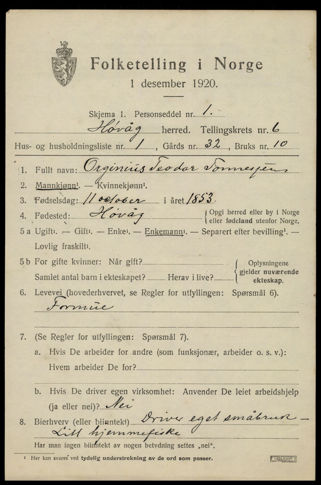 SAK, 1920 census for Høvåg, 1920, p. 3094