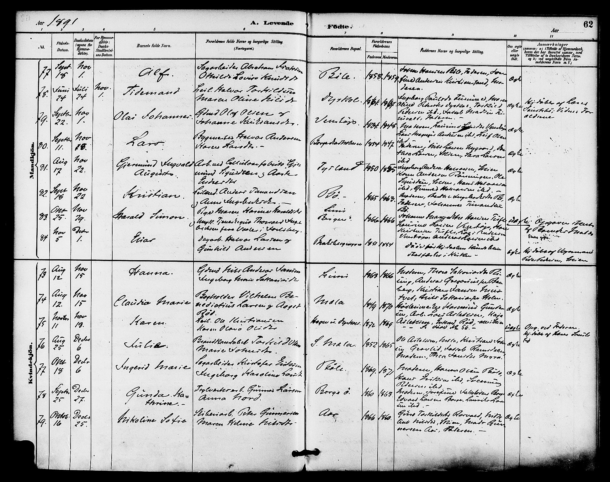 Gjerpen kirkebøker, SAKO/A-265/F/Fa/L0010: Parish register (official) no. I 10, 1886-1895, p. 62