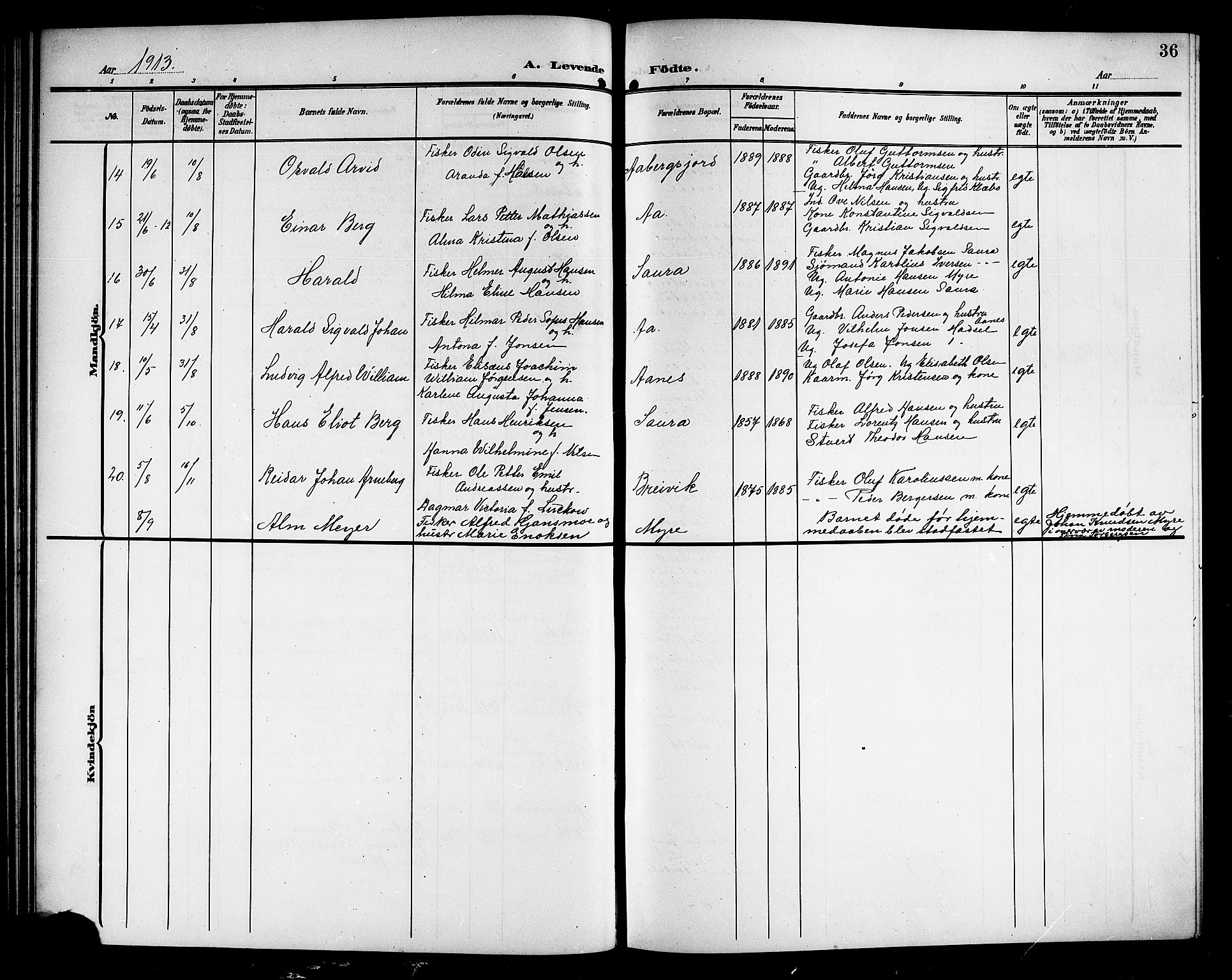 Ministerialprotokoller, klokkerbøker og fødselsregistre - Nordland, AV/SAT-A-1459/897/L1414: Parish register (copy) no. 897C04, 1904-1915, p. 36