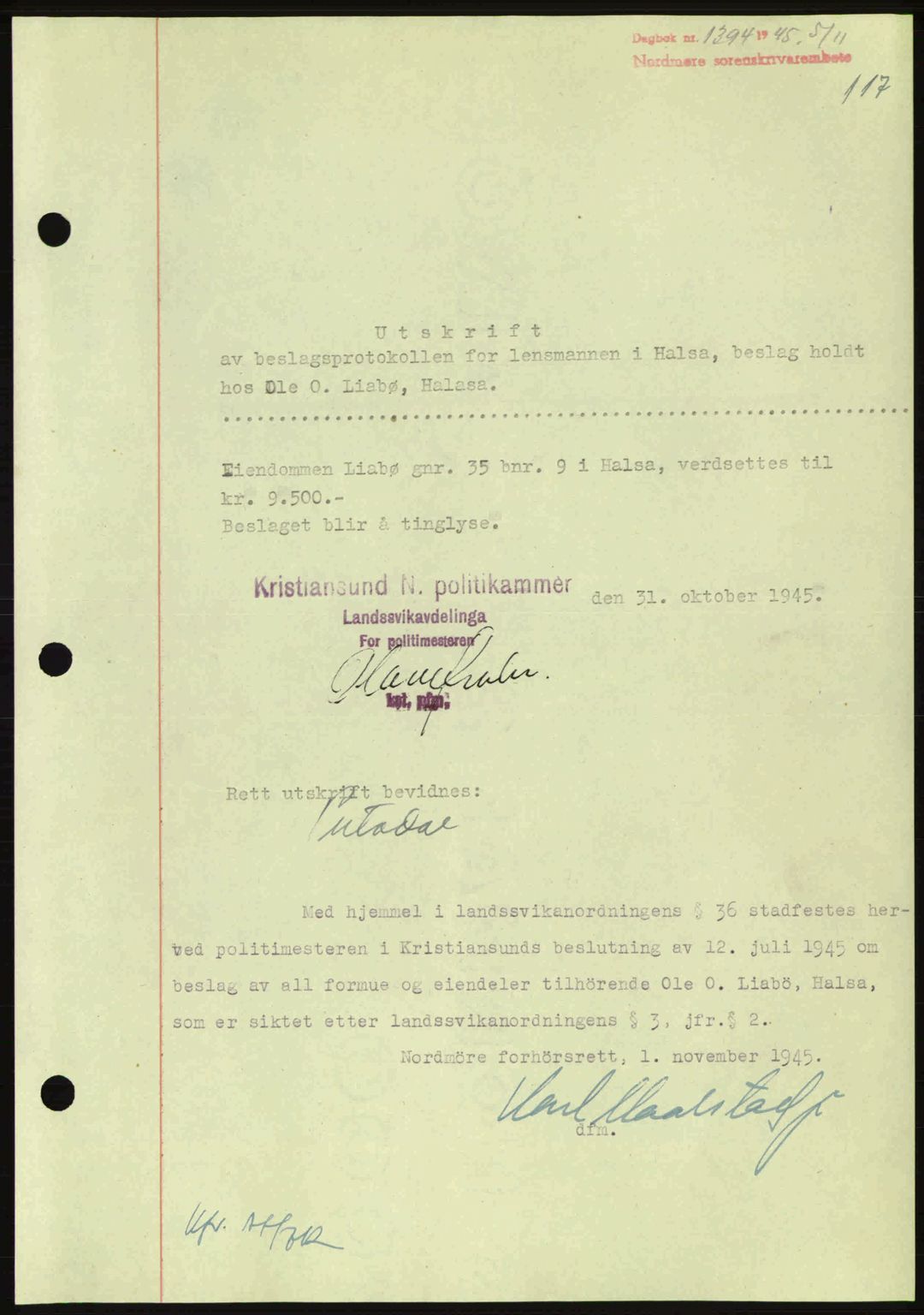 Nordmøre sorenskriveri, AV/SAT-A-4132/1/2/2Ca: Mortgage book no. B93a, 1945-1945, Diary no: : 1394/1945