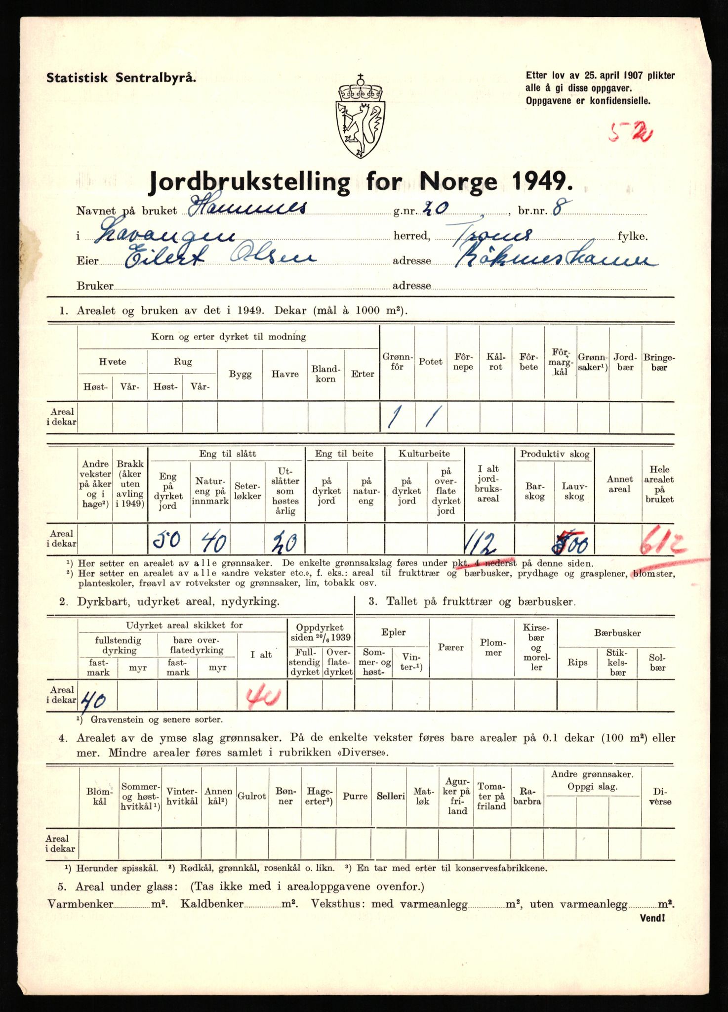 Statistisk sentralbyrå, Næringsøkonomiske emner, Jordbruk, skogbruk, jakt, fiske og fangst, AV/RA-S-2234/G/Gc/L0437: Troms: Gratangen og Lavangen, 1949, p. 595