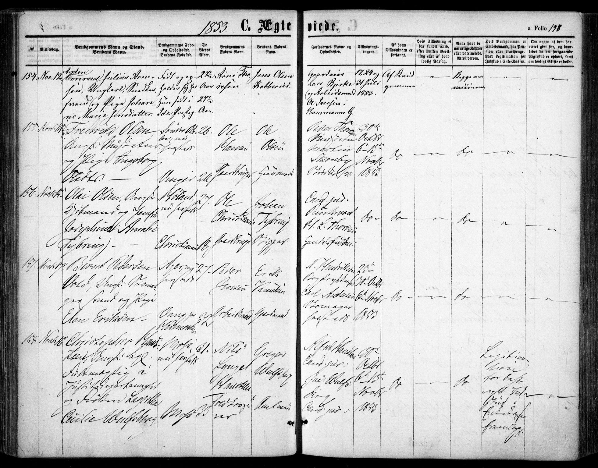 Oslo domkirke Kirkebøker, SAO/A-10752/F/Fa/L0020: Parish register (official) no. 20, 1848-1865, p. 198