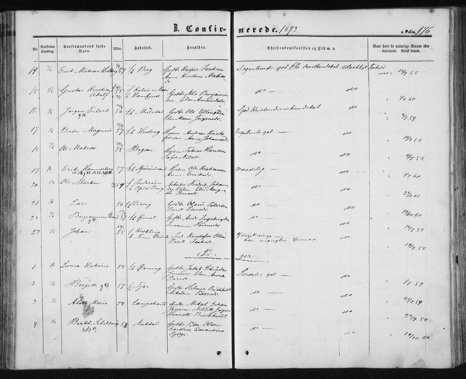 Ministerialprotokoller, klokkerbøker og fødselsregistre - Nord-Trøndelag, AV/SAT-A-1458/780/L0641: Parish register (official) no. 780A06, 1857-1874, p. 176